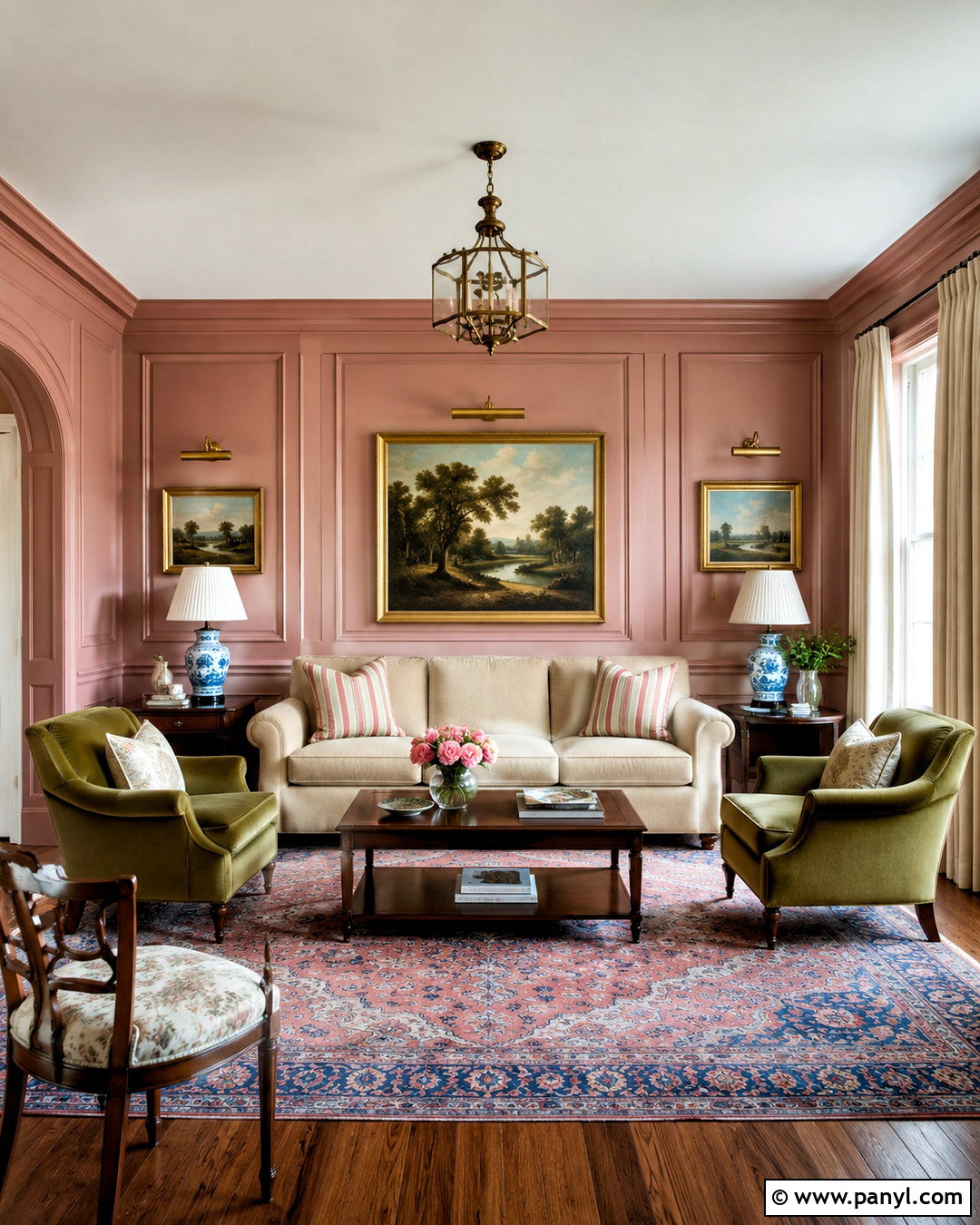 Pink Wall Paneling In A Traditional Living Room - 20 pink wall living room ideas