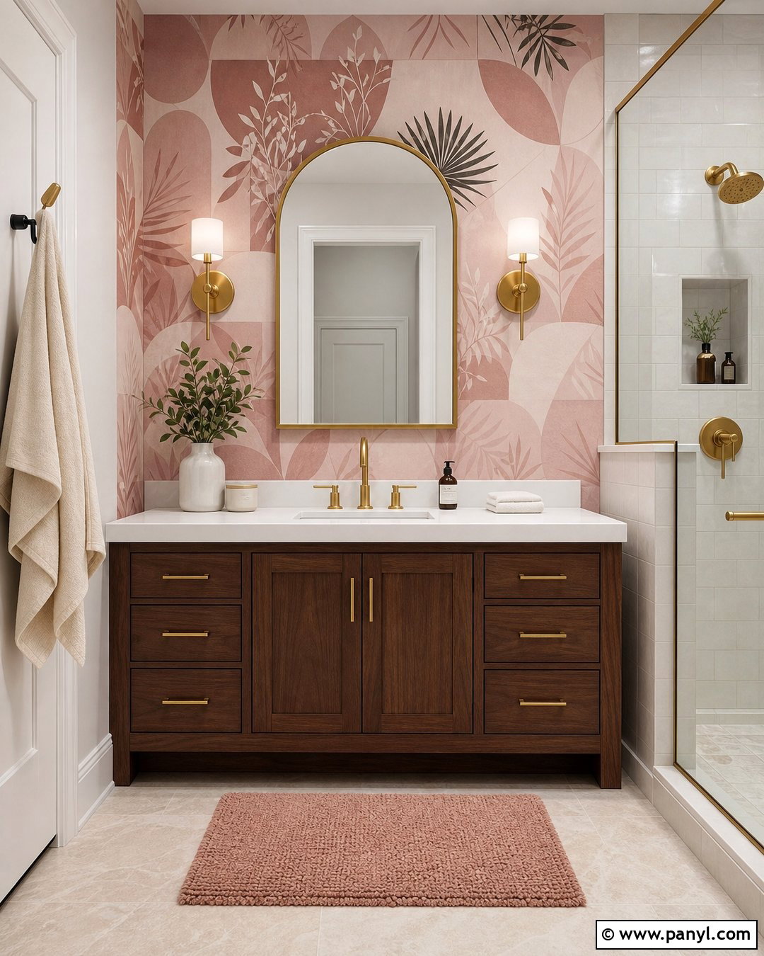Pink Wallpaper Accent Wall With Gold Fixtures - 20 Modern Bathroom With Pink Accent Wall Ideas