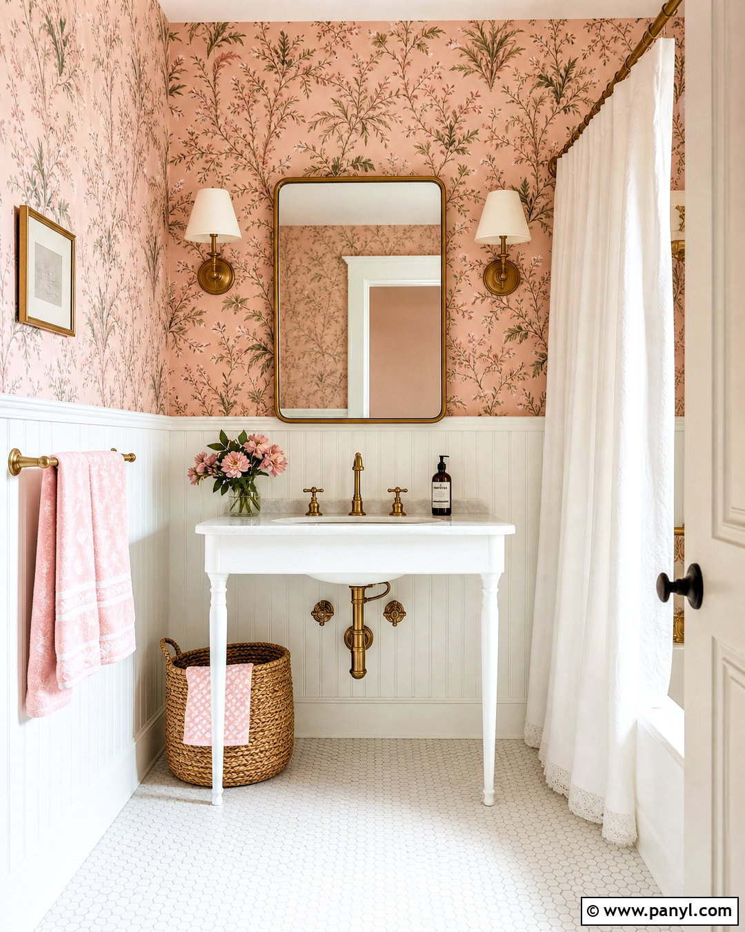 Pink Wallpaper And White Paneling Bathroom - 20 white and pink bathroom ideas