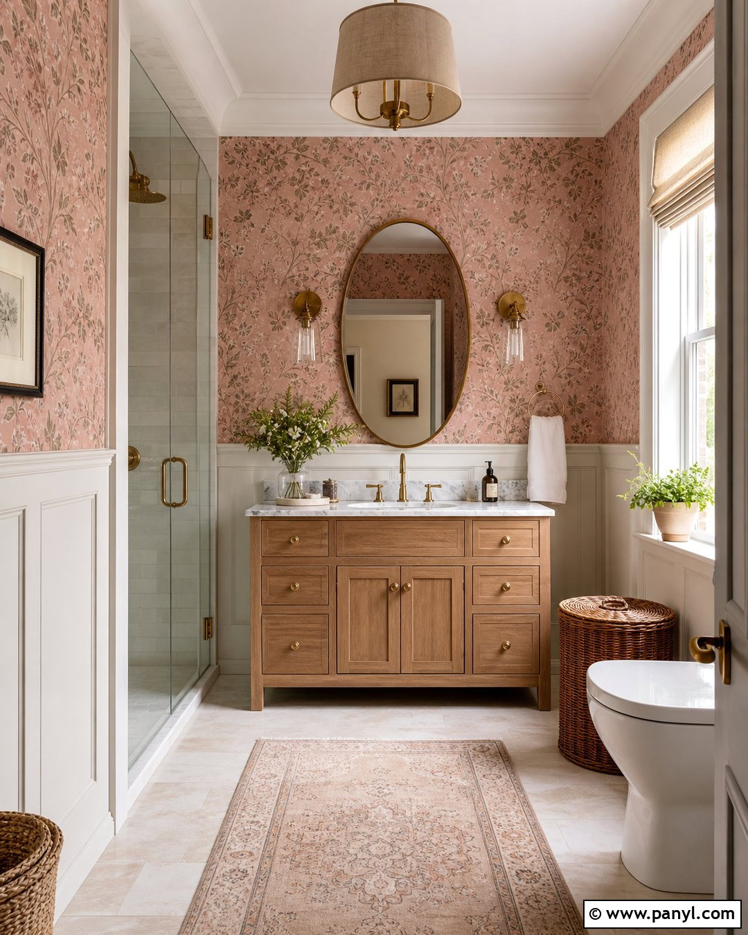 Pink Wallpaper With Wainscoting - 25 Pink Wallpaper Bathroom Ideas