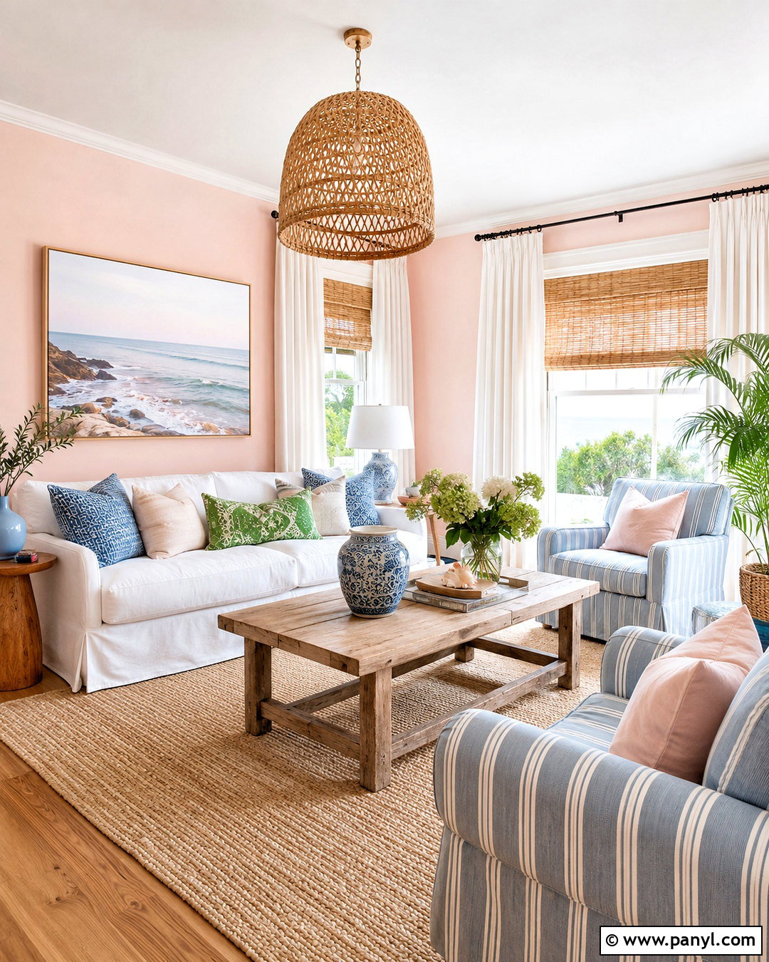 Pink Walls In A Coastal Living Room - 20 pink wall living room ideas