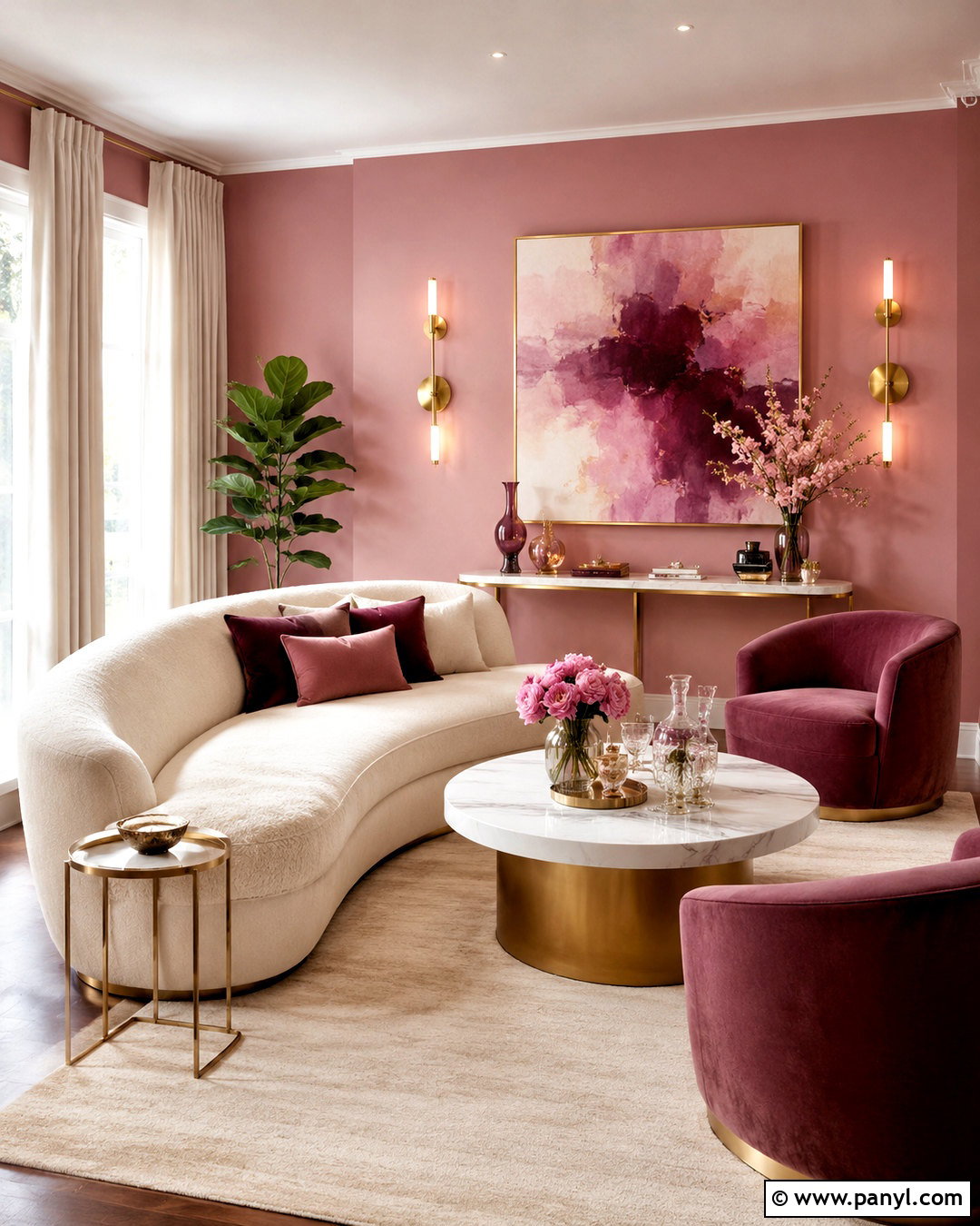 Pink Walls With Brass Glam Decor - 20 pink wall living room ideas