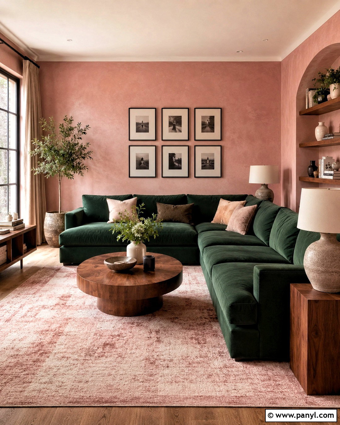 Pink Walls With Dark Green Sectional - 20 dark green and pink living room ideas