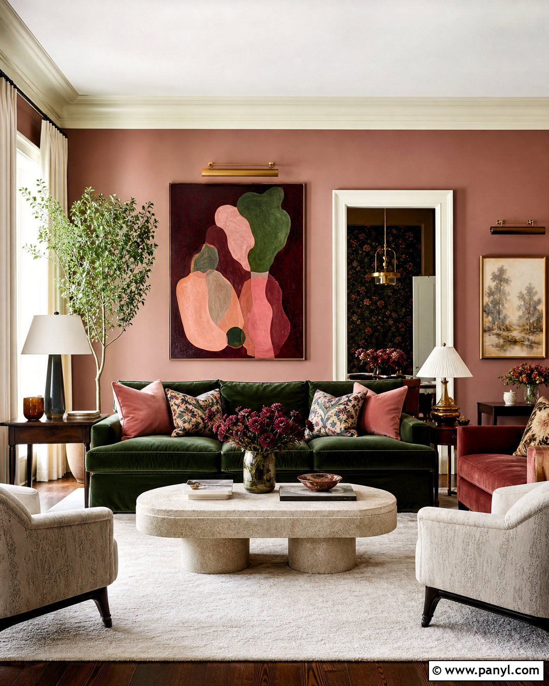 Pink Walls With Emerald Green Velvet - 20 pink walls living room ideas