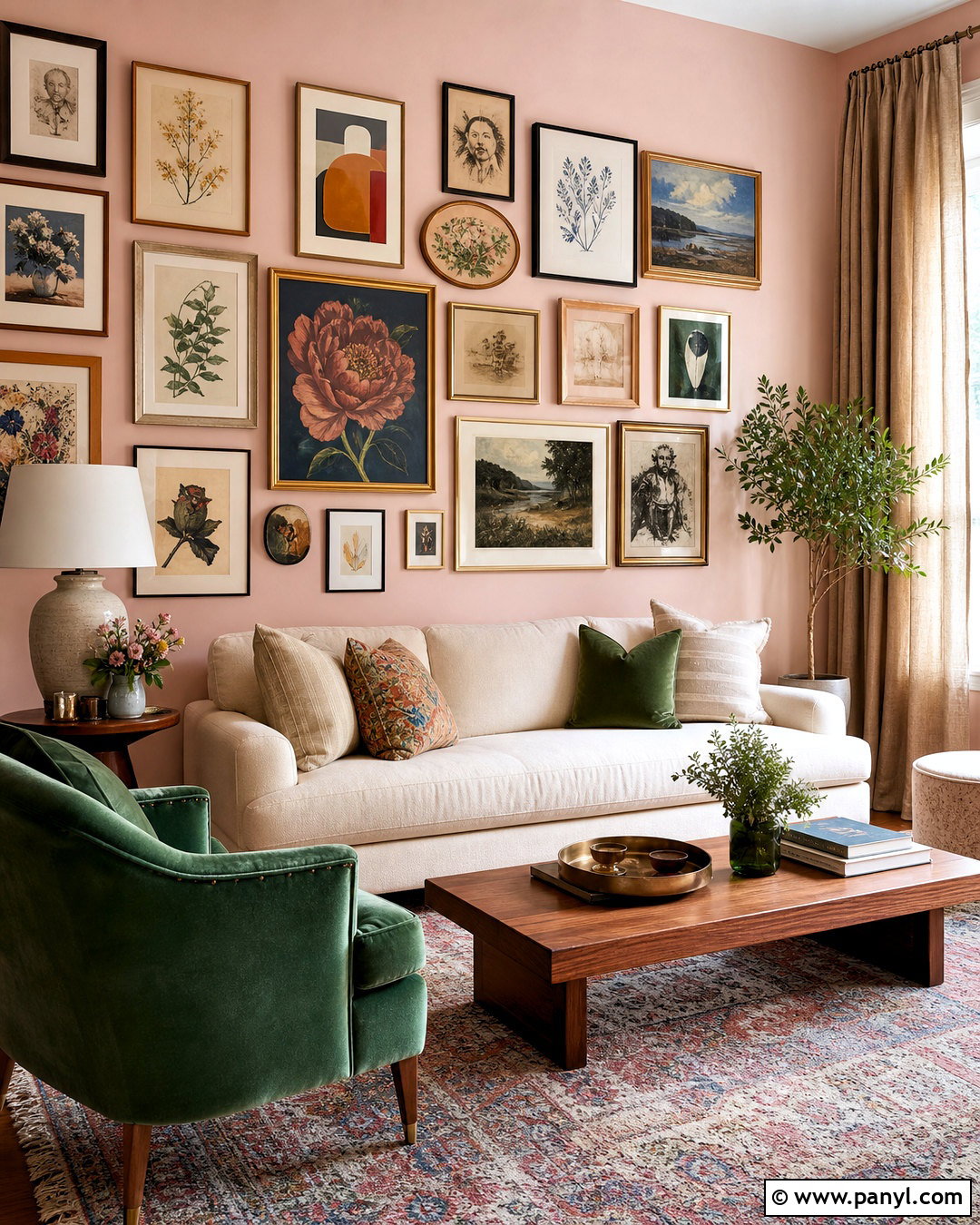 Pink Walls With Gallery Wall - 20 pink walls living room ideas