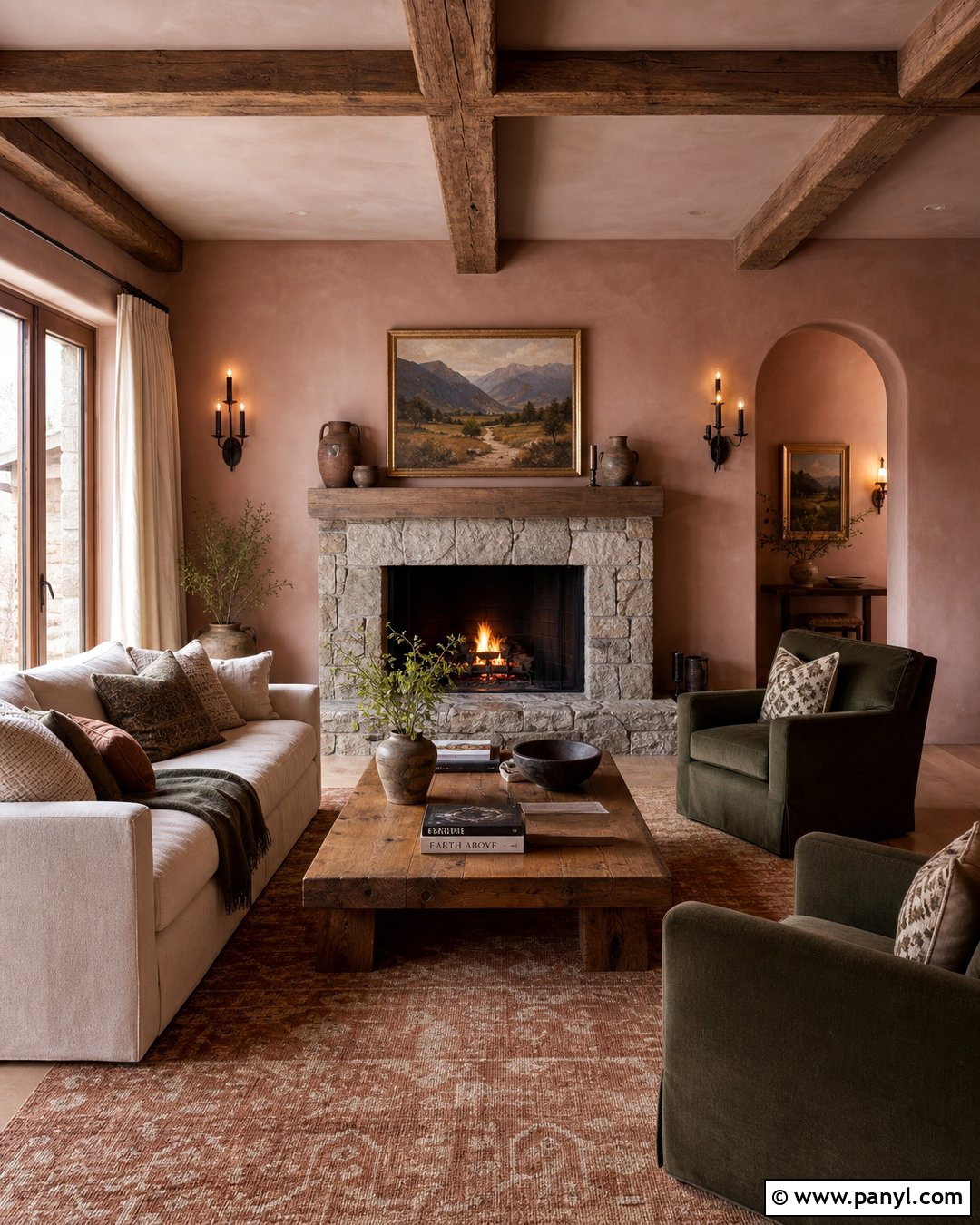 Pink Walls With Natural Wood Beams - 20 Rustic Pink Wall Color Ideas