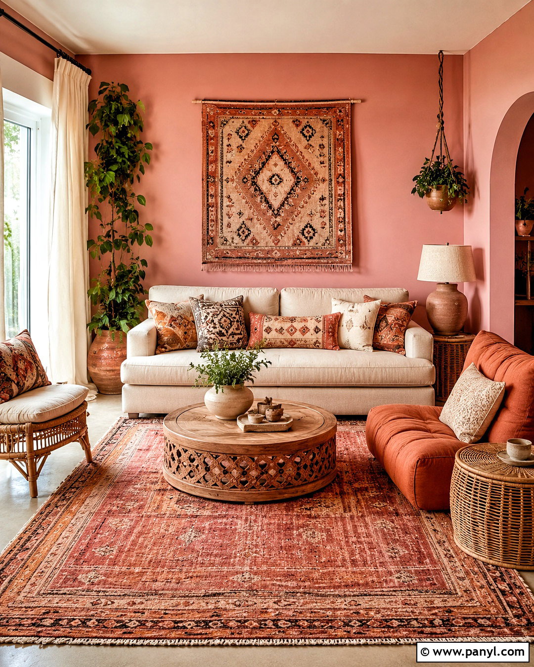 Pink Walls With Terracotta Boho Decor - 20 pink wall living room ideas