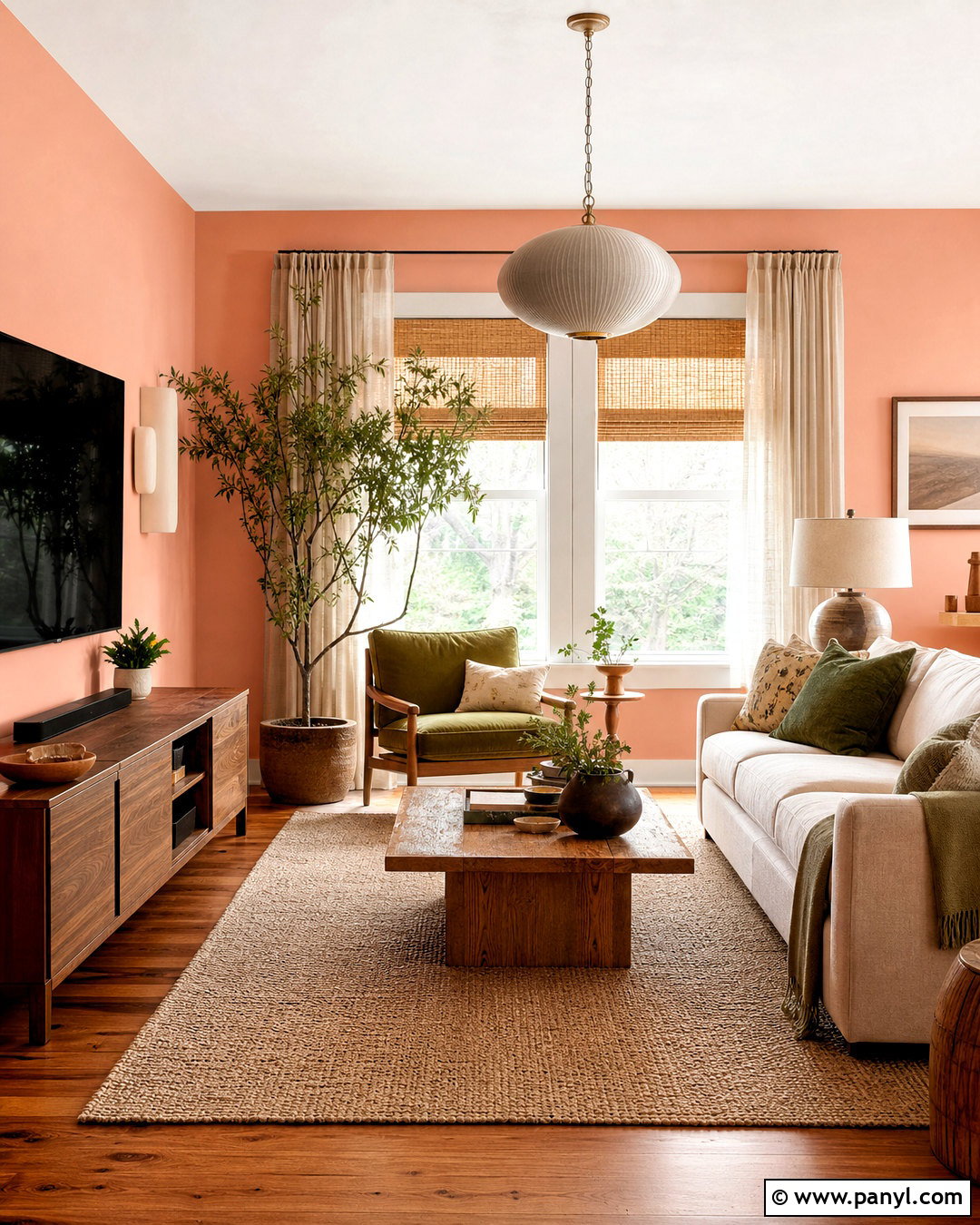 Pink Walls With Warm Wood Furniture - 20 pink walls living room ideas