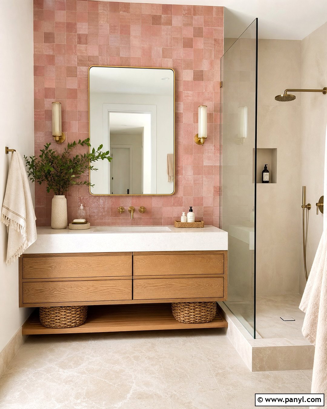 Pink Zellige Accent Wall With Brass - 20 Modern Bathroom With Pink Accent Wall Ideas