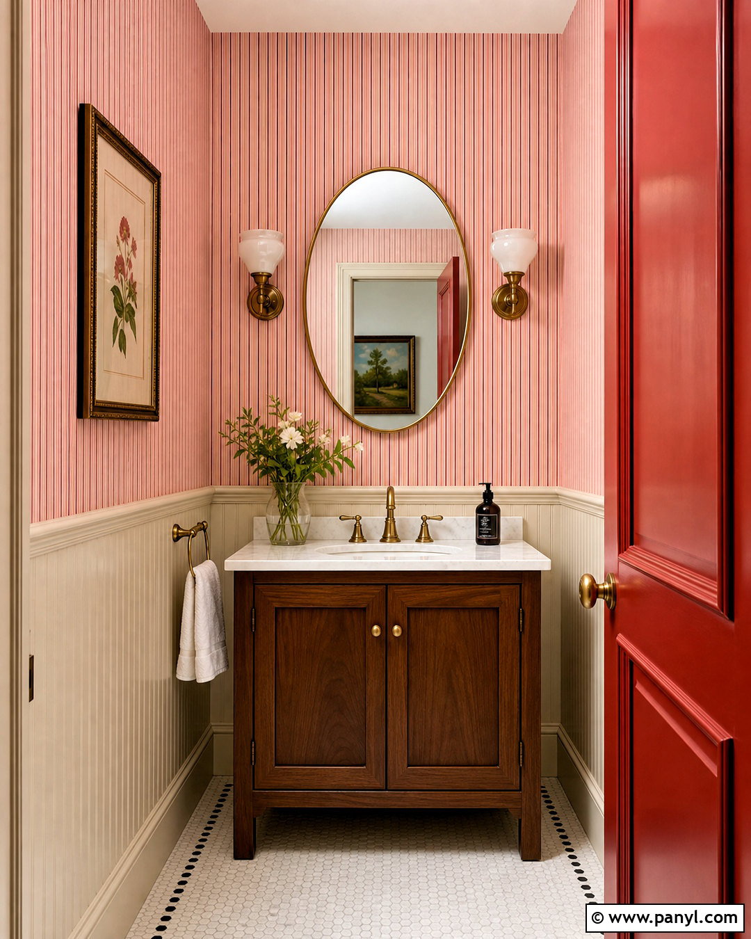 Pink and Red Pinstripe Powder Room - 20 pink and red stripes wallpaper ideas