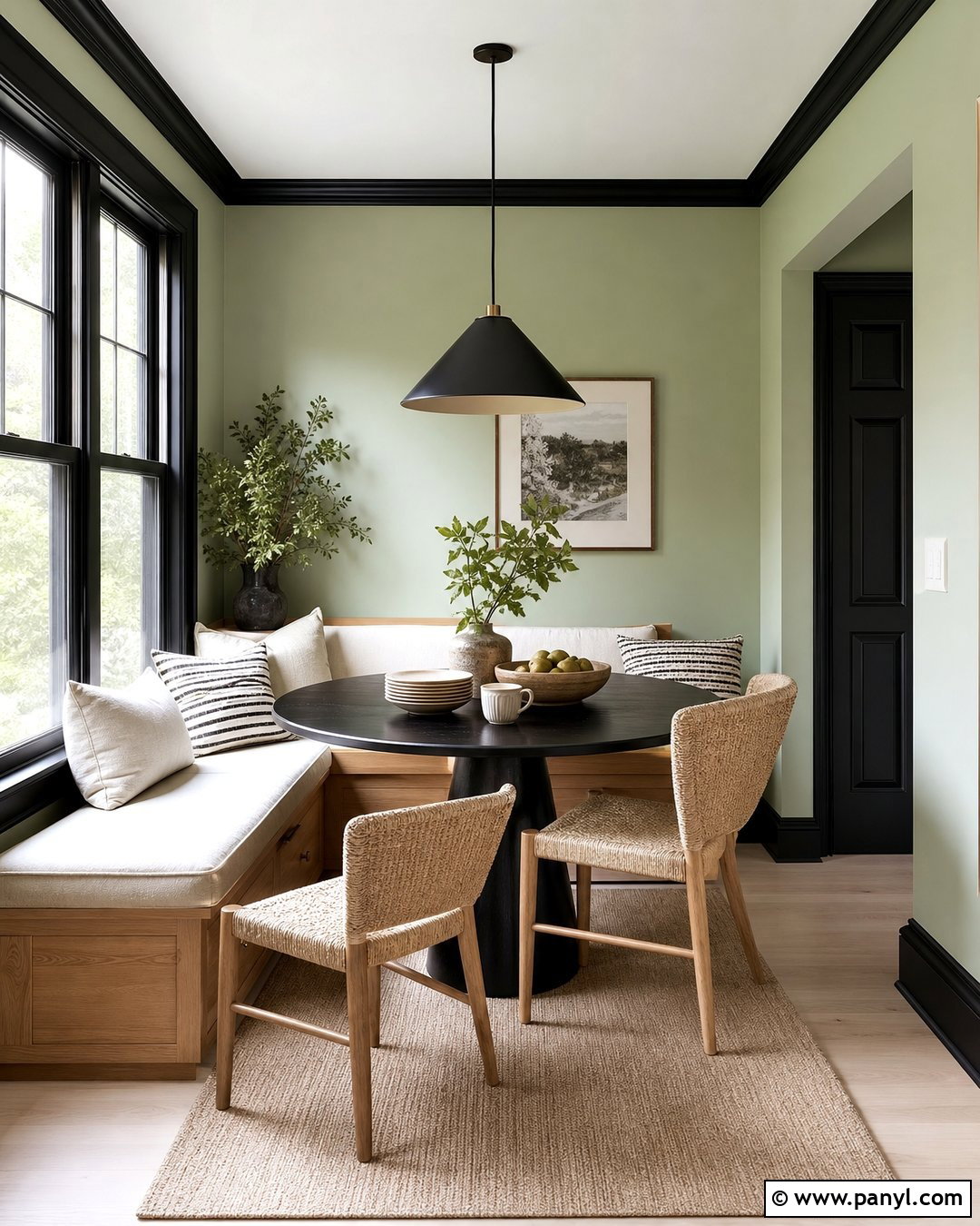 Pistachio Green Breakfast Nook With Black Trim - 25 Green Wall Black Trim Ideas