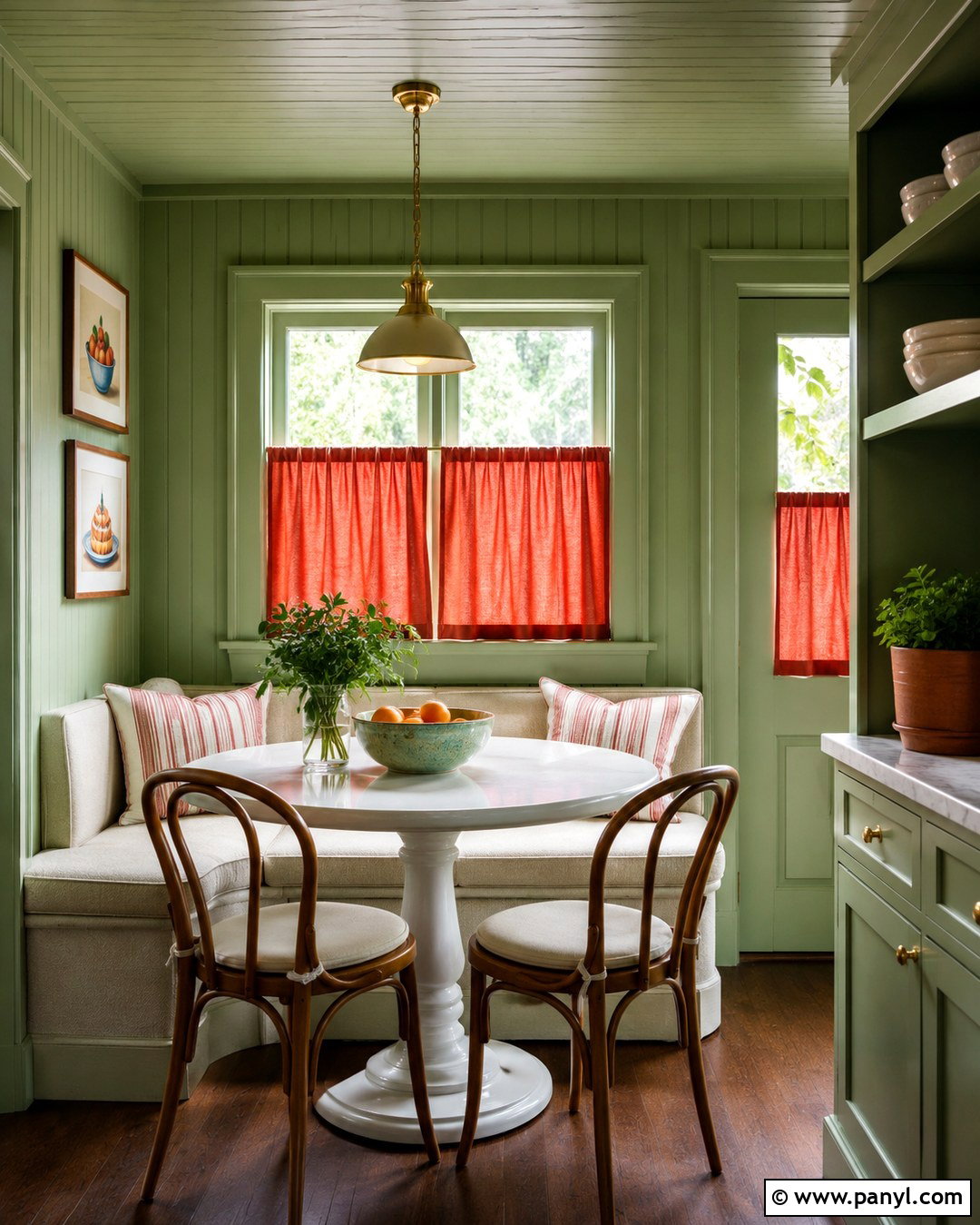 Pistachio Green Breakfast Nook With Red Curtains - 20 Green Walls Red Curtains