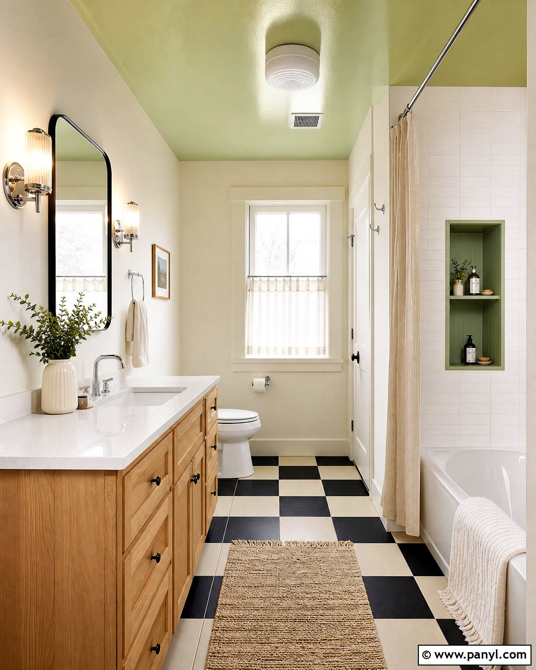 Pistachio Green Ceiling With Checkerboard Floor - 20 green ceiling bathroom ideas