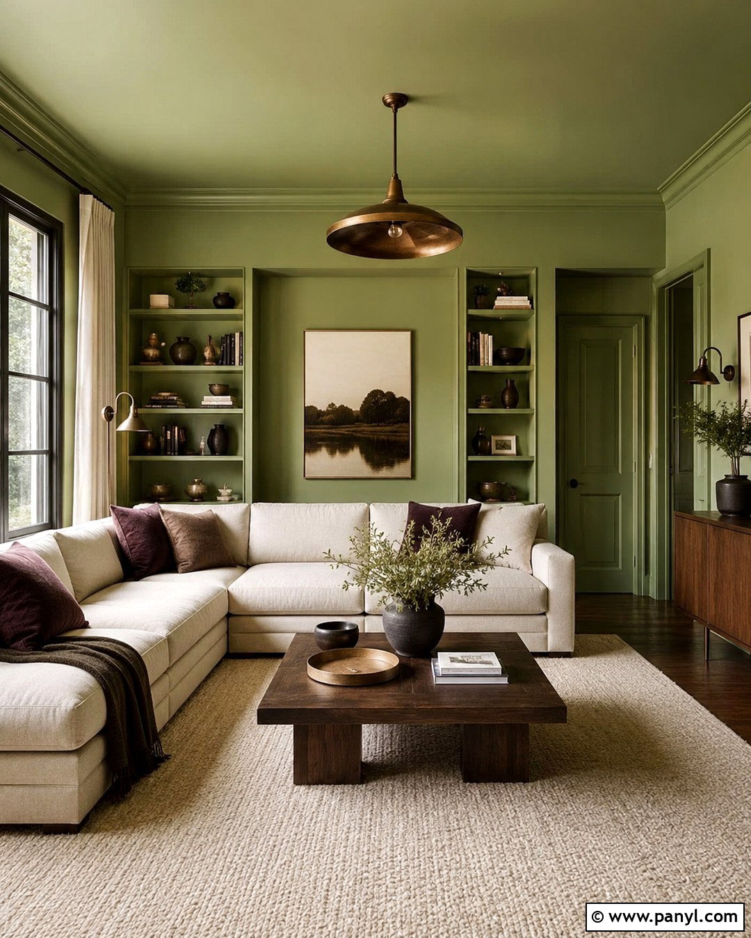 Pistachio Green Color Drenched Living Room - 20 Pistachio Green Wall Paint Ideas