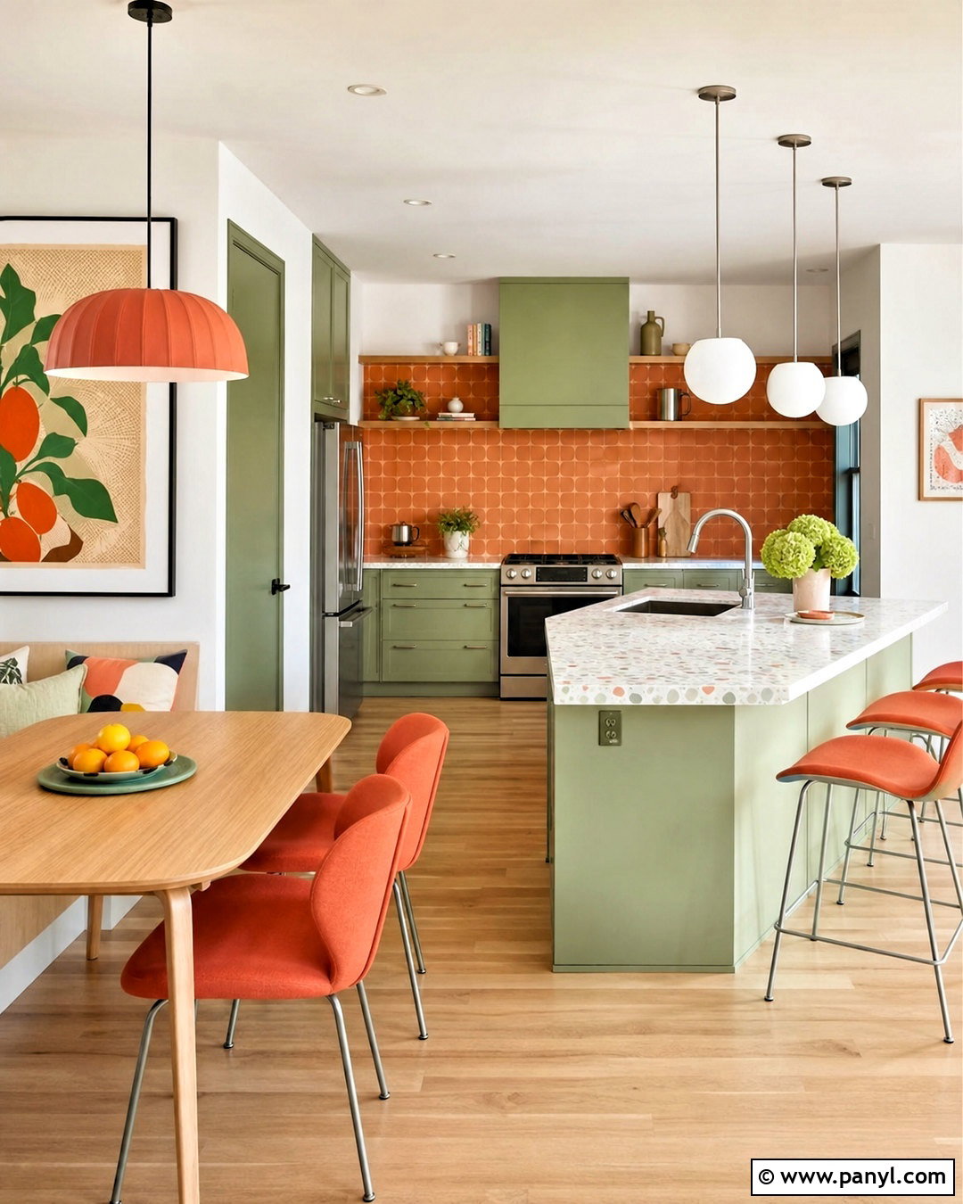 Pistachio Green Kitchen With Coral Orange Details - 20 green and orange kitchen ideas