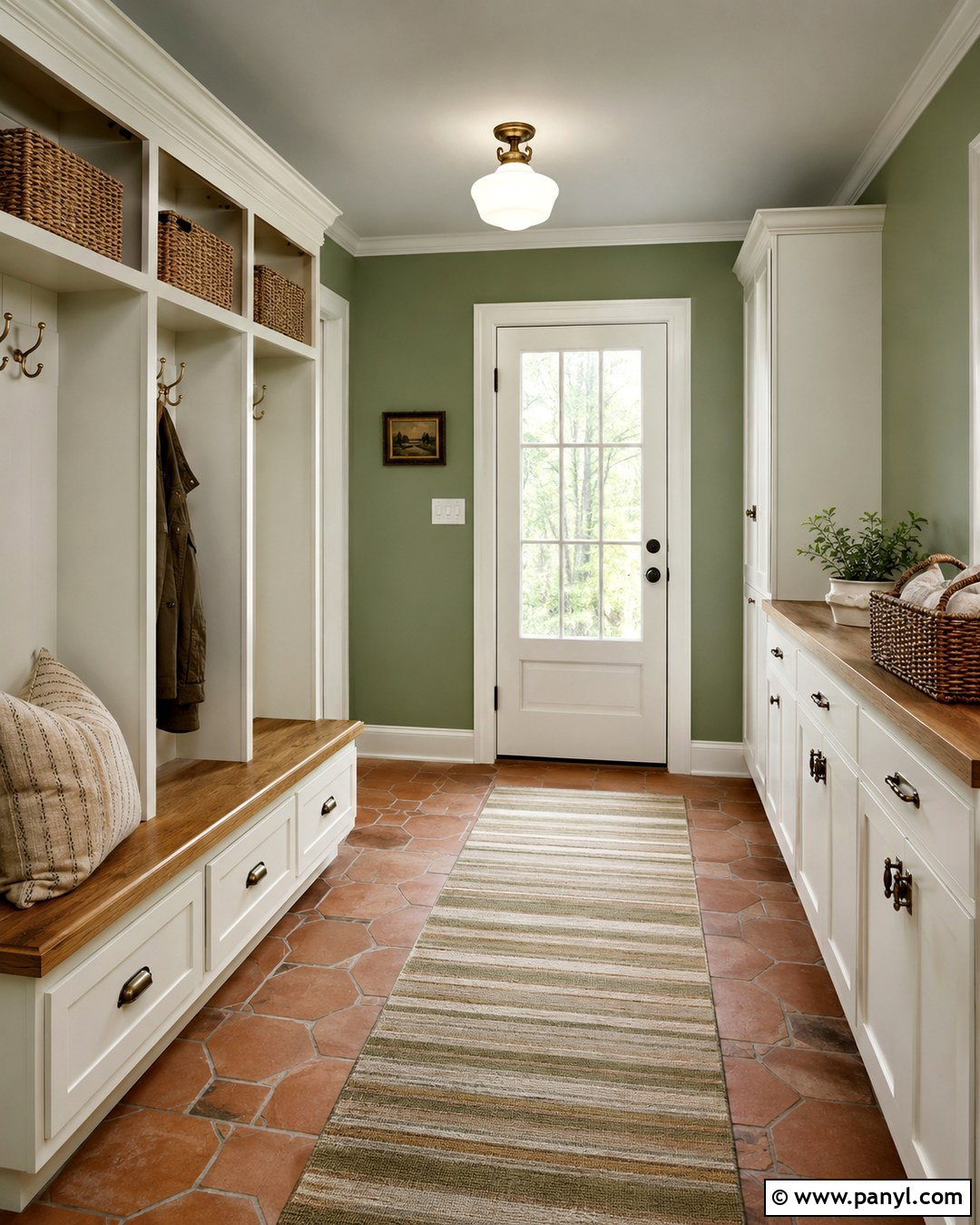 Pistachio Green Mudroom With Terracotta Floor - 20 Pistachio Green Wall Paint Ideas