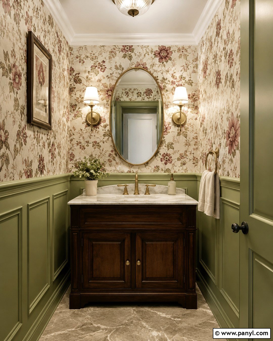 Pistachio Green Powder Room With Floral Wallpaper - 20 Pistachio Green Wall Paint Ideas