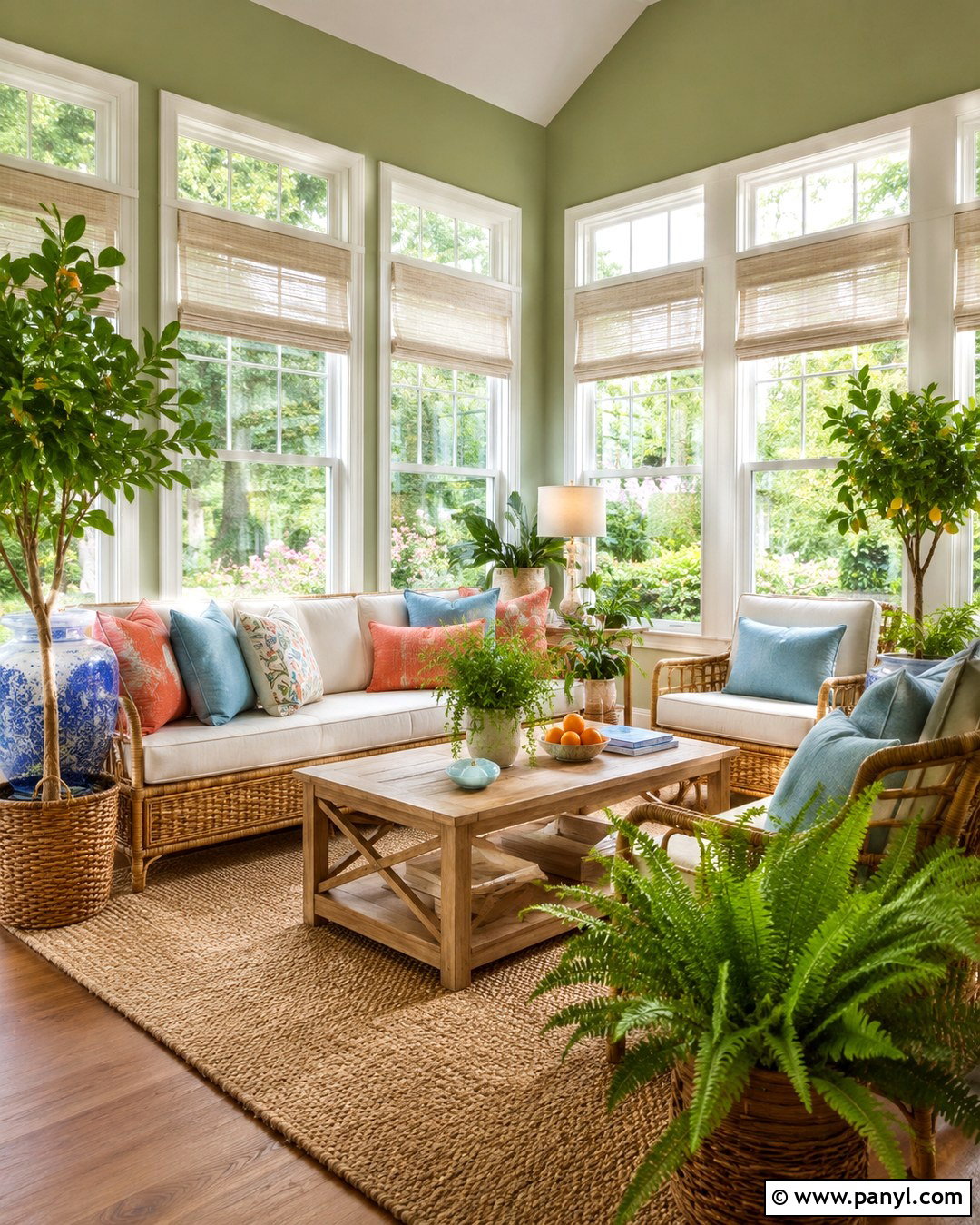 Pistachio Green Sunroom With Rattan Furniture - 20 Pistachio Green Wall Paint Ideas