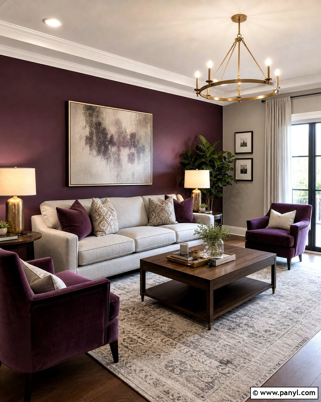Plum Accent Wall And Light Grey Furniture - 20 purple and grey living room ideas