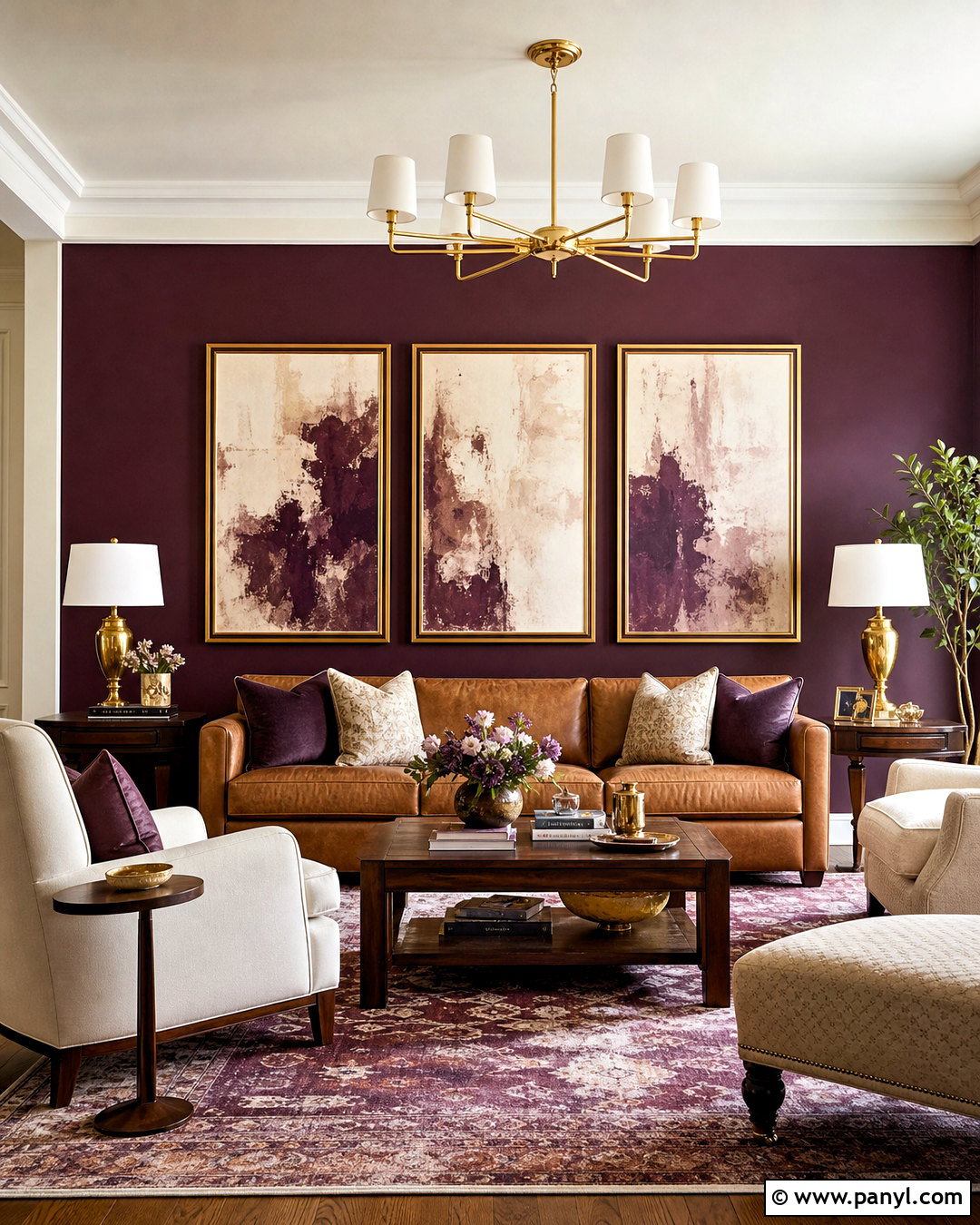 Plum Accent Wall With Gold Frames - 20 purple wall decor ideas