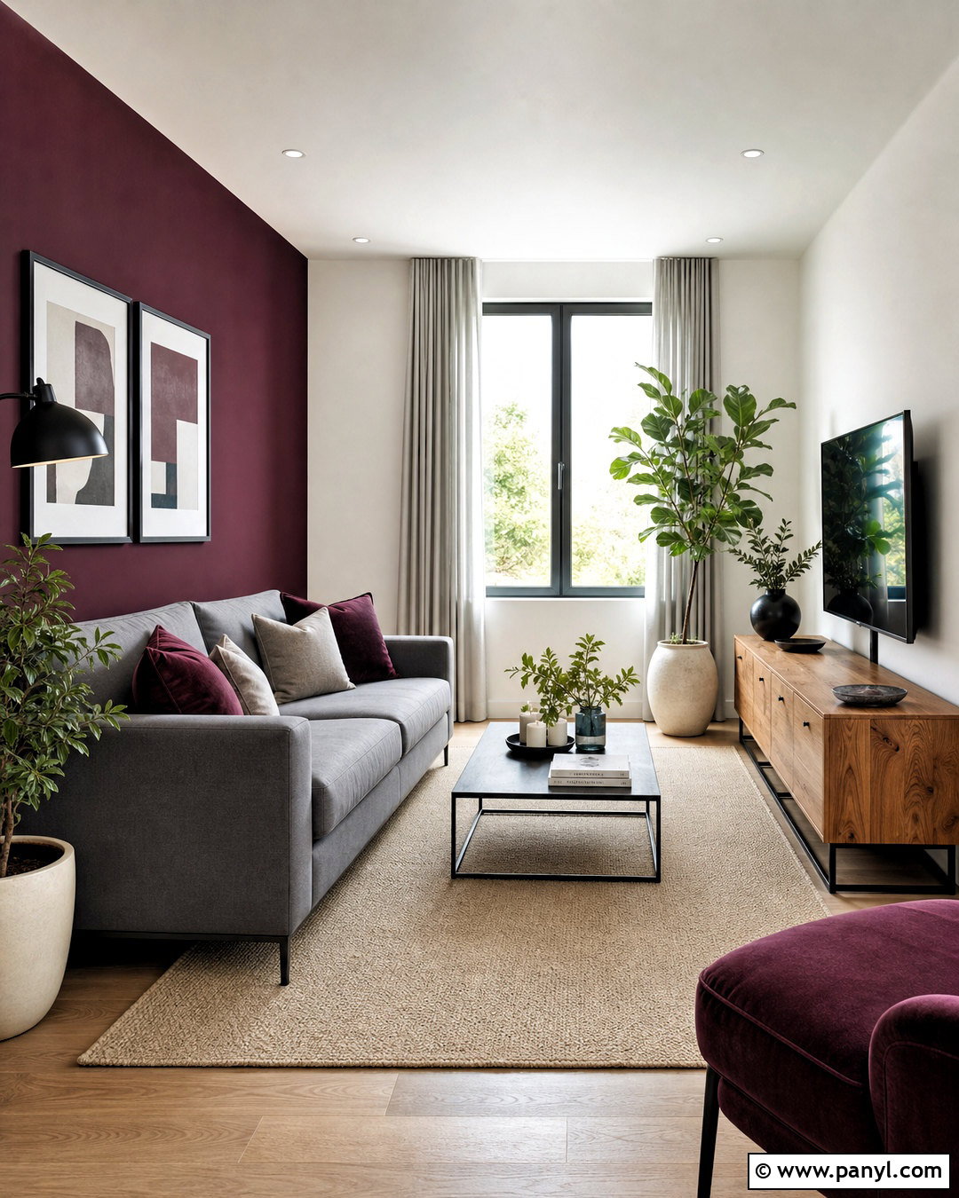 Plum Accent Wall With Gray Sofa - 20 plum wall color ideas