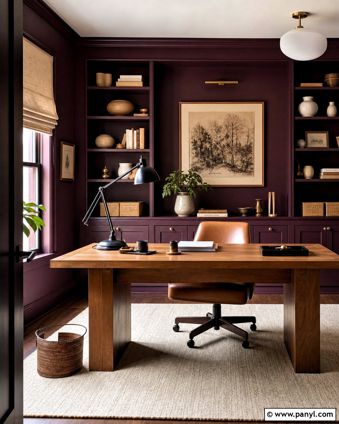 Plum Home Office With Built-In Shelves - 20 plum wall color ideas