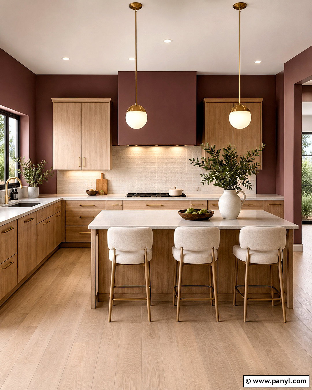 Plum Kitchen Walls With Light Wood Cabinets - 40 kitchen wall color ideas