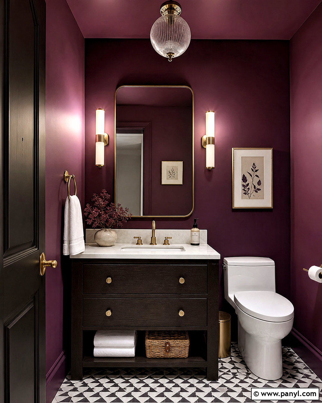 Plum Powder Room With Brass Fixtures - 20 plum wall color ideas