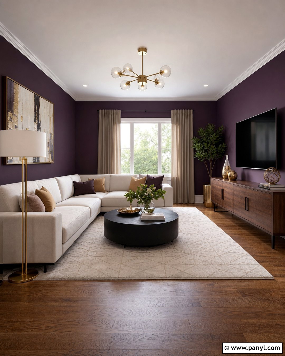 Plum Purple And Brass Living Room - 20 Modern Purple Wall Color Ideas