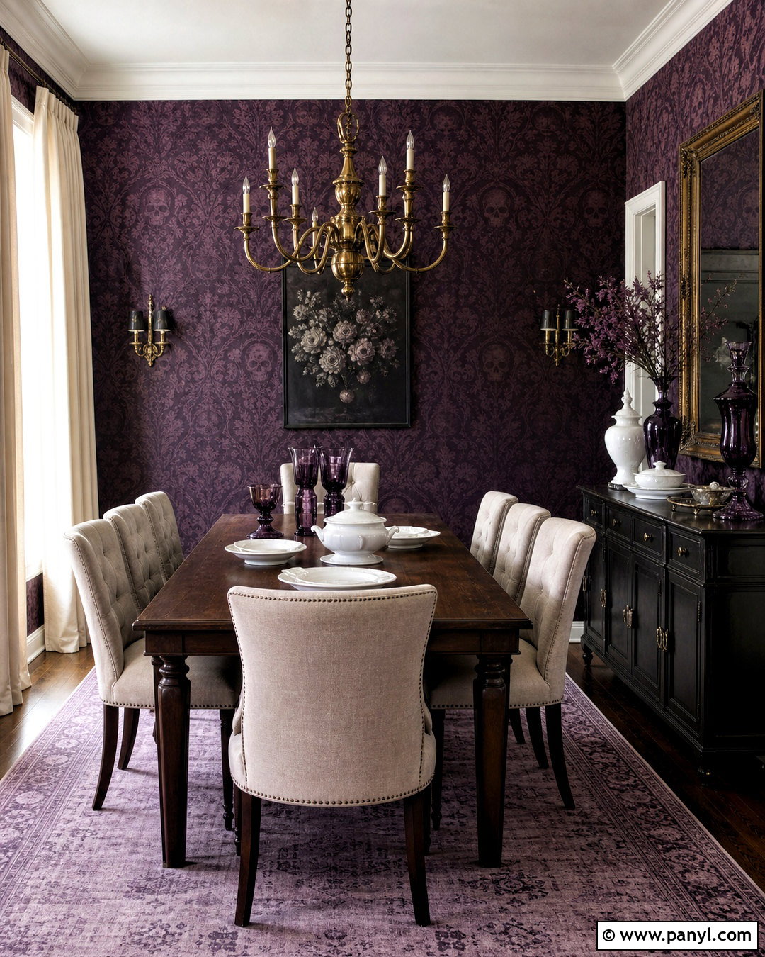 Plum Skull Damask Dining Room - 20 skull damask-purple custom wallpaper ideas