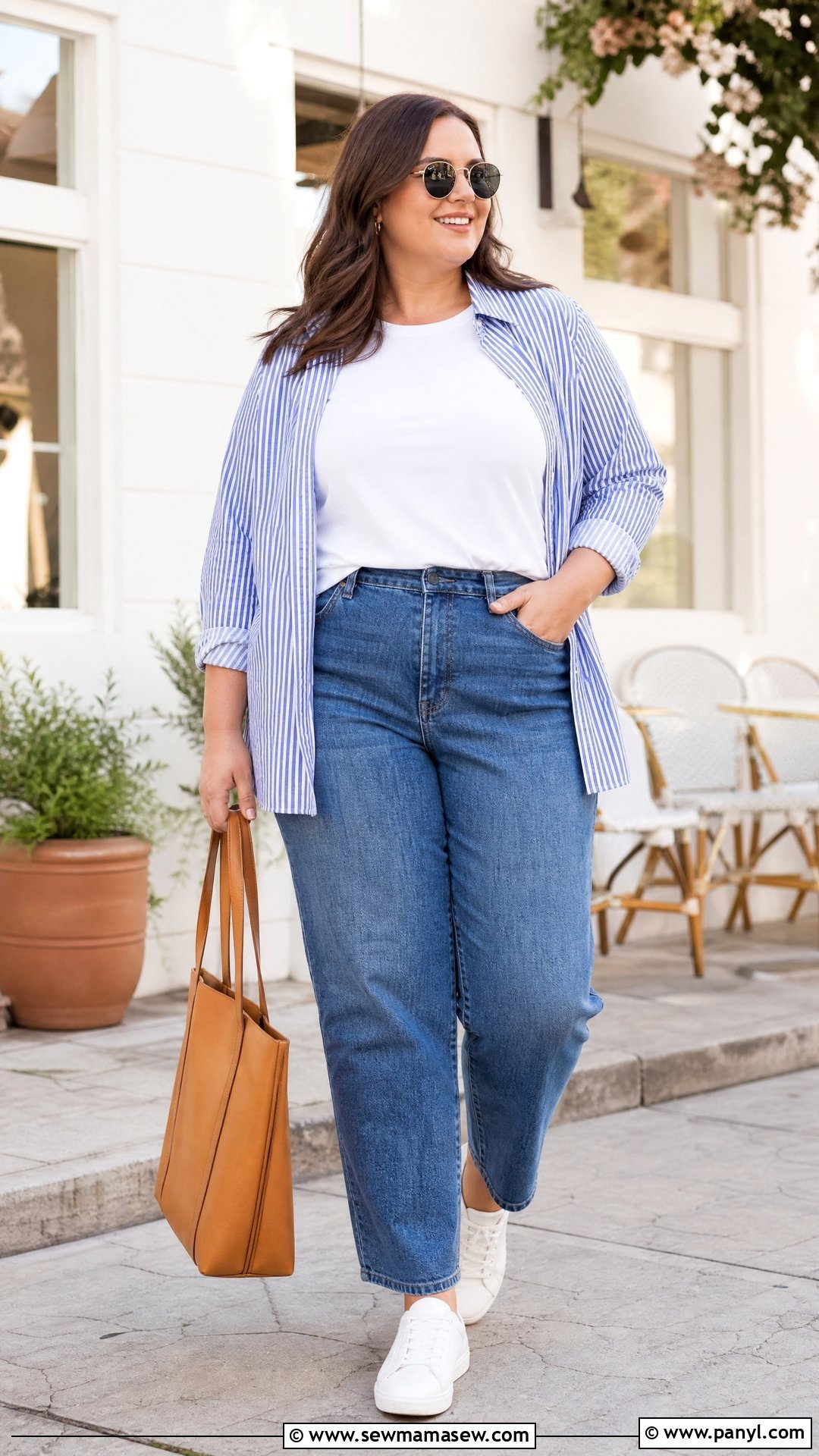 Plus Size Crew Neck Tee With Button Down Shirt - 20 plus size crew neck tee outfit ideas
