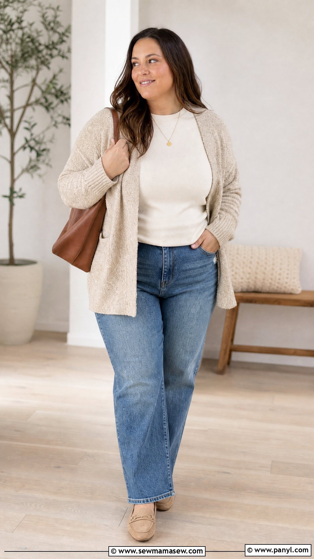 Plus Size Crew Neck Tee With Cardigan And Jeans - 20 plus size crew neck tee outfit ideas