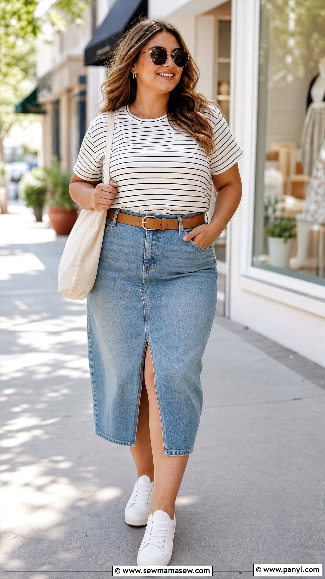 Plus Size Crew Neck Tee With Denim Skirt - 20 plus size crew neck tee outfit ideas