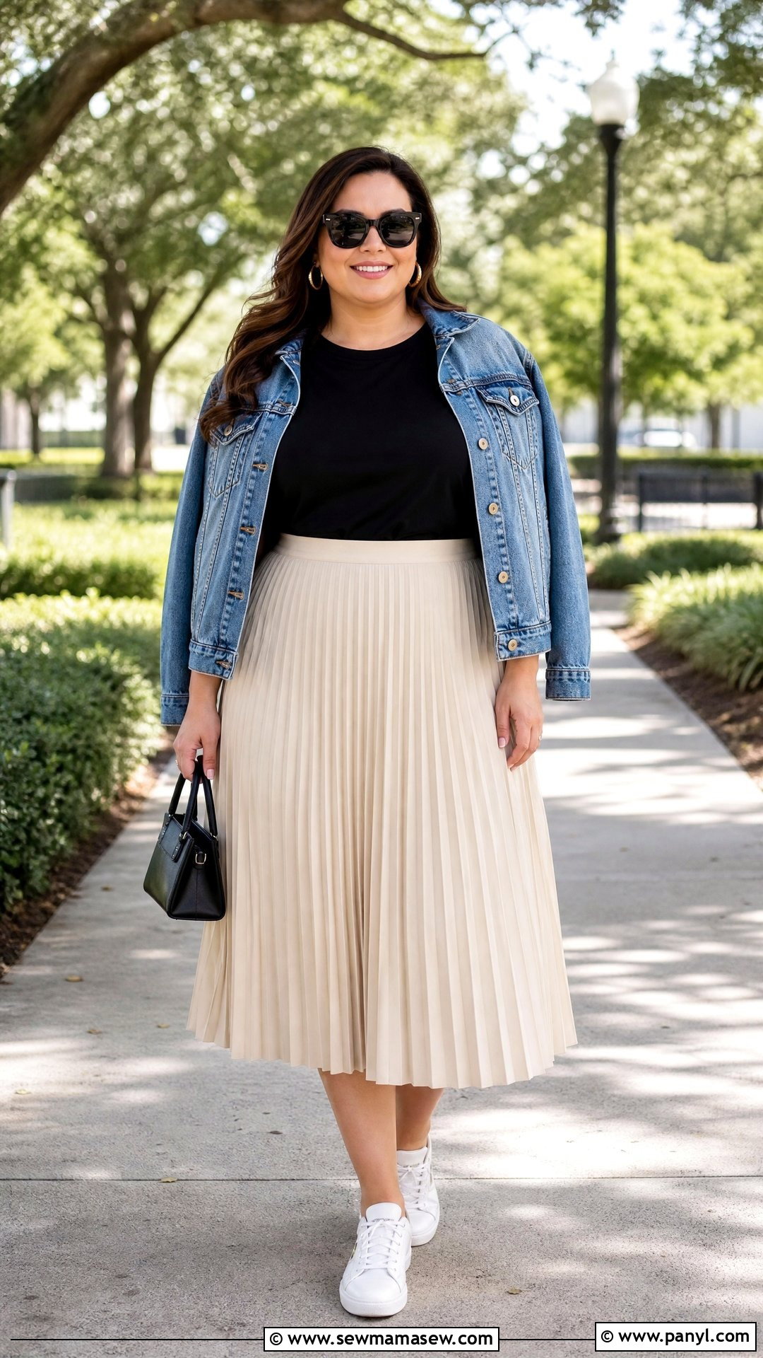 Plus Size Crew Neck Tee With Pleated Midi Skirt - 20 plus size crew neck tee outfit ideas