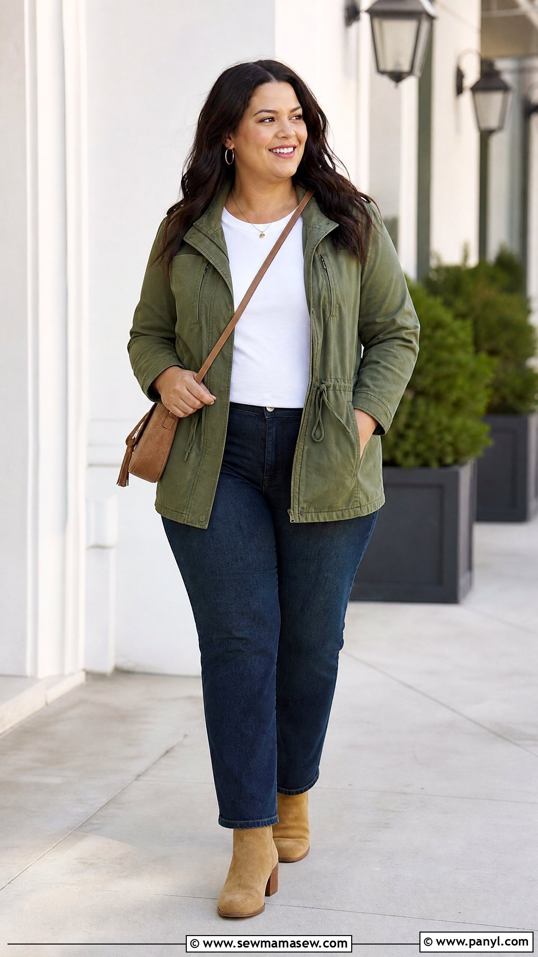 Plus Size Crew Neck Tee With Utility Jacket - 20 plus size crew neck tee outfit ideas