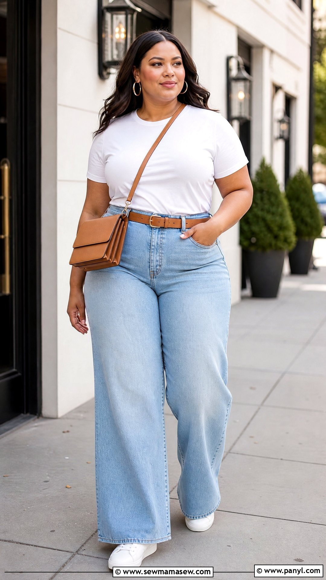 Plus Size Crew Neck Tee With Wide Leg Jeans - 20 plus size crew neck tee outfit ideas