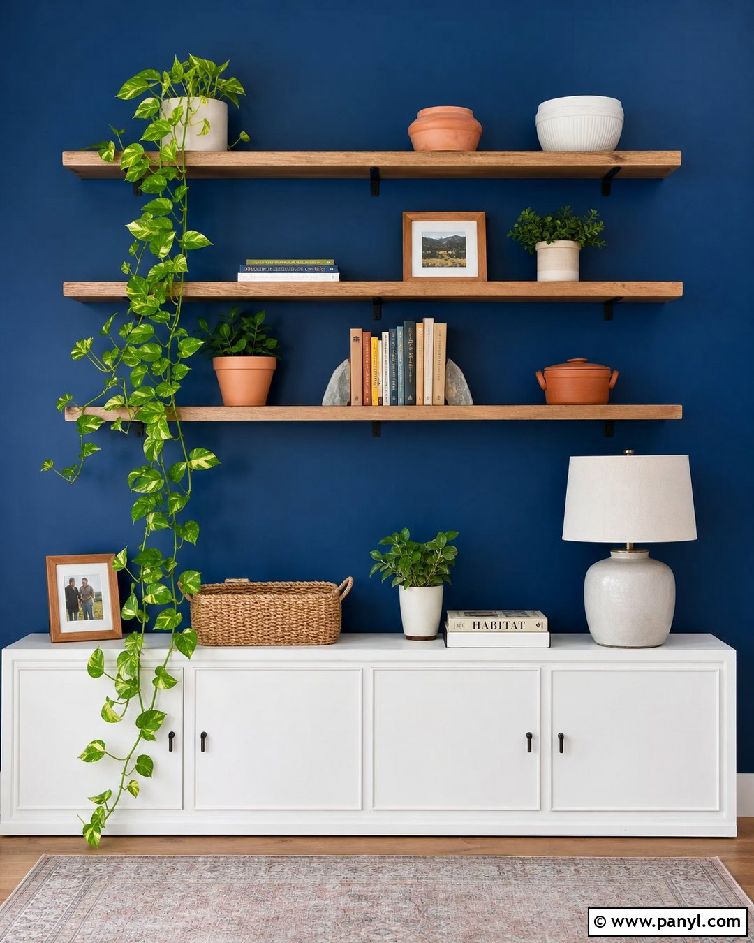 Pothos Shelf Against Cobalt Blue Wall - 20 Green Plant Against Blue Wall Ideas
