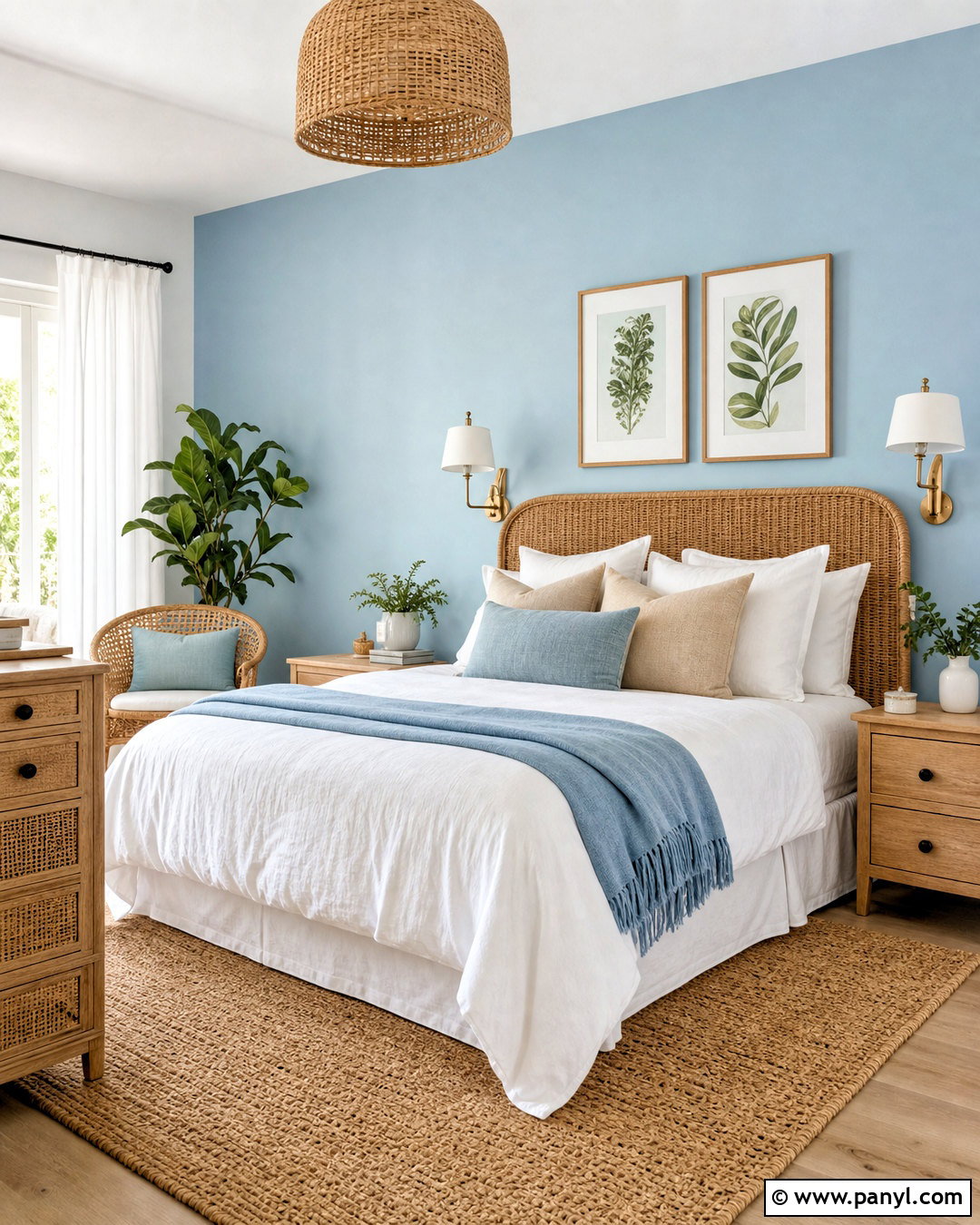 Powder Blue Accent Wall With Rattan Furniture - 20 bedroom blue accent wall ideas