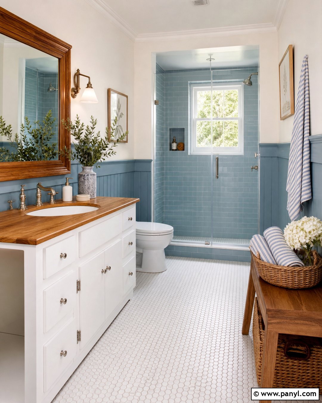 Powder Blue Beadboard And Cream Bathroom Walls - 30 Two Toned Bathroom Walls