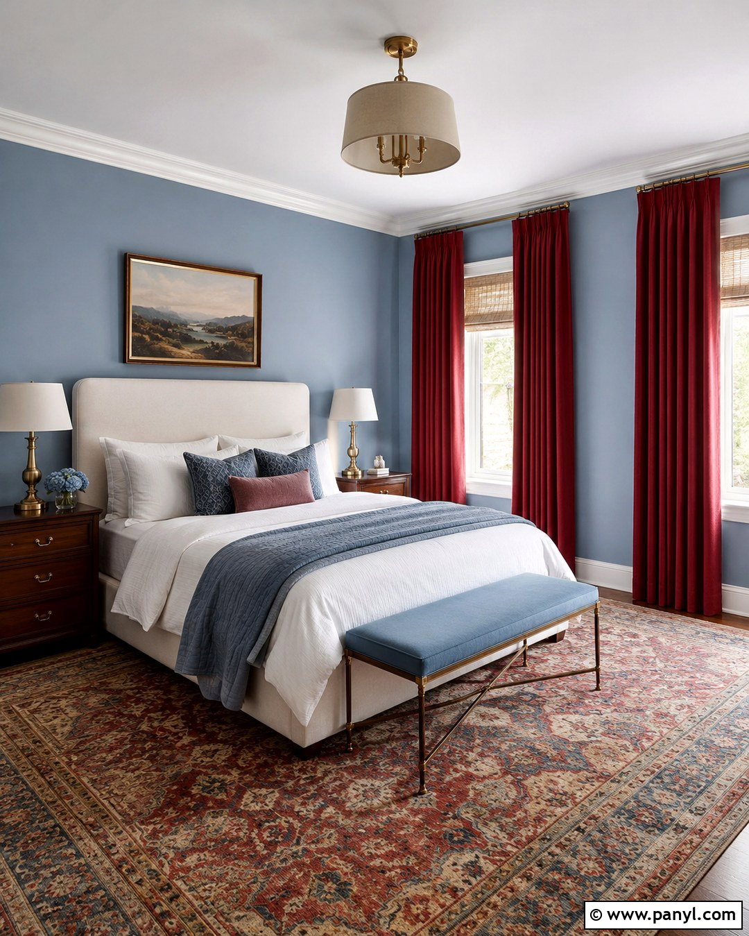 Powder Blue Bedroom With Crimson Curtains - 20 Blue Walls Red Curtains
