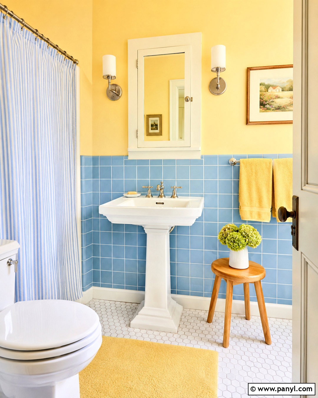 Powder Blue Tile With Butter Yellow Walls - 20 blue and yellow bathroom ideas