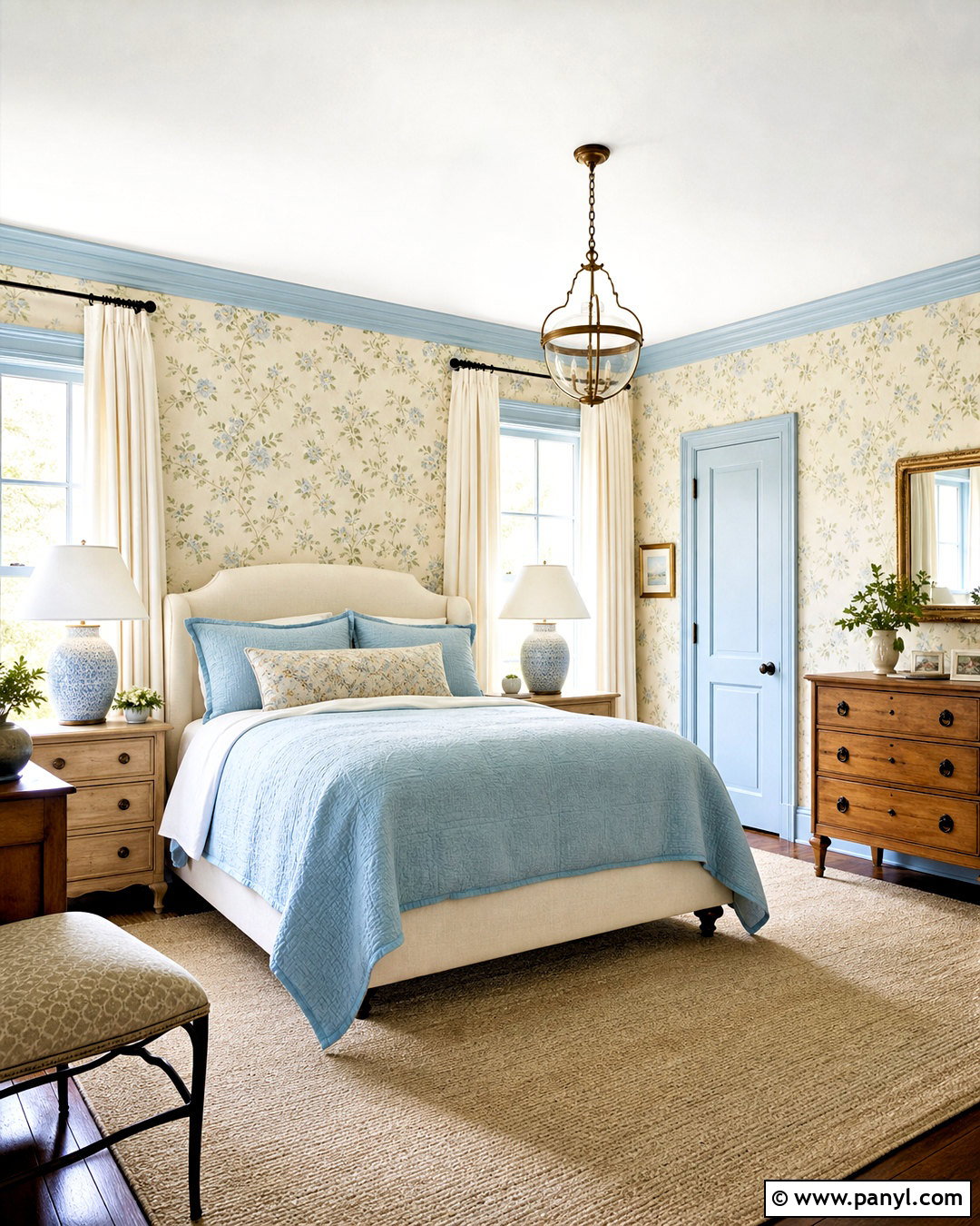 Powder Blue Trim Bedroom With Floral Wallpaper - 20 blue trim bedroom ideas