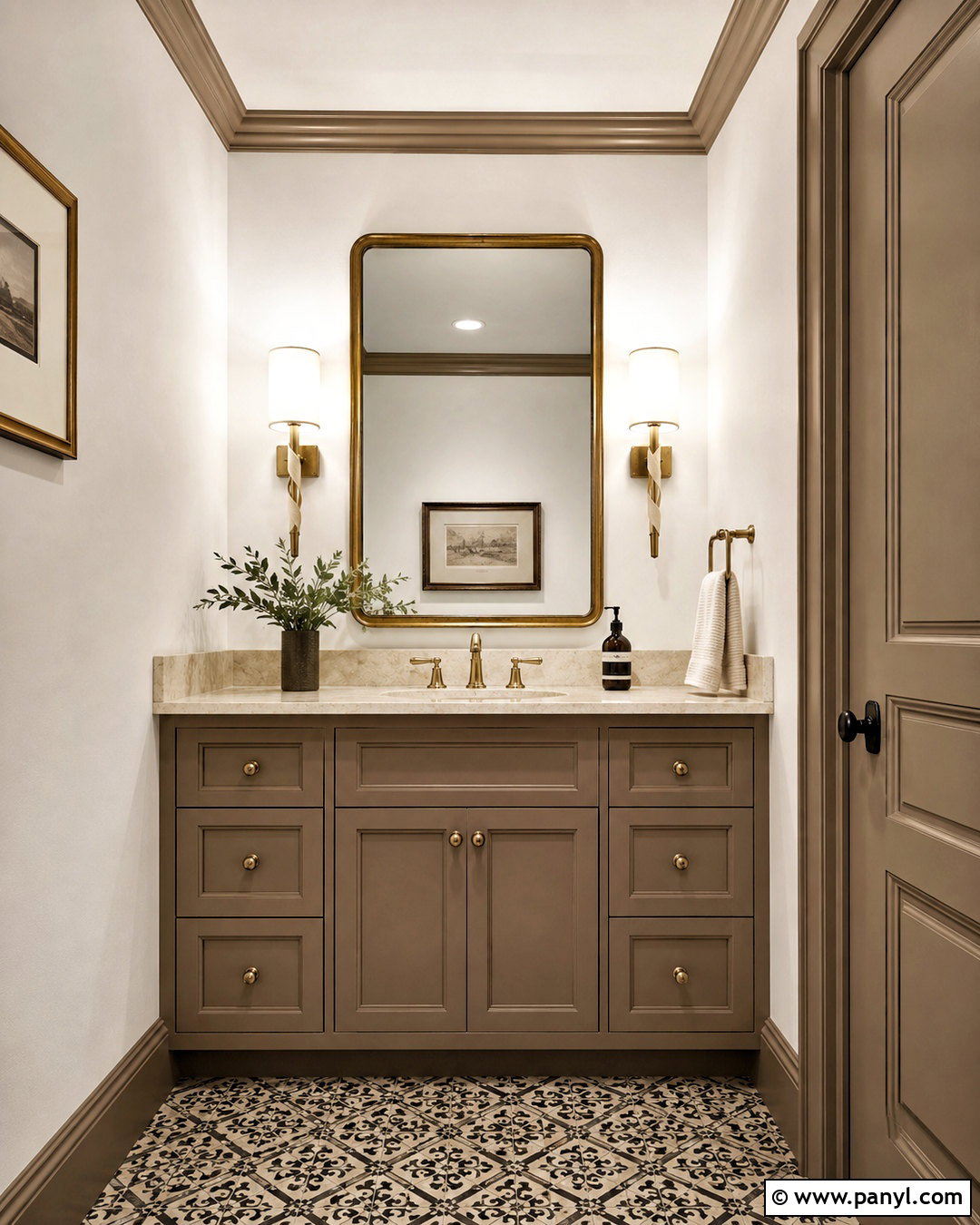 Powder Room With Taupe Trim - 35 Taupe Trim White Walls