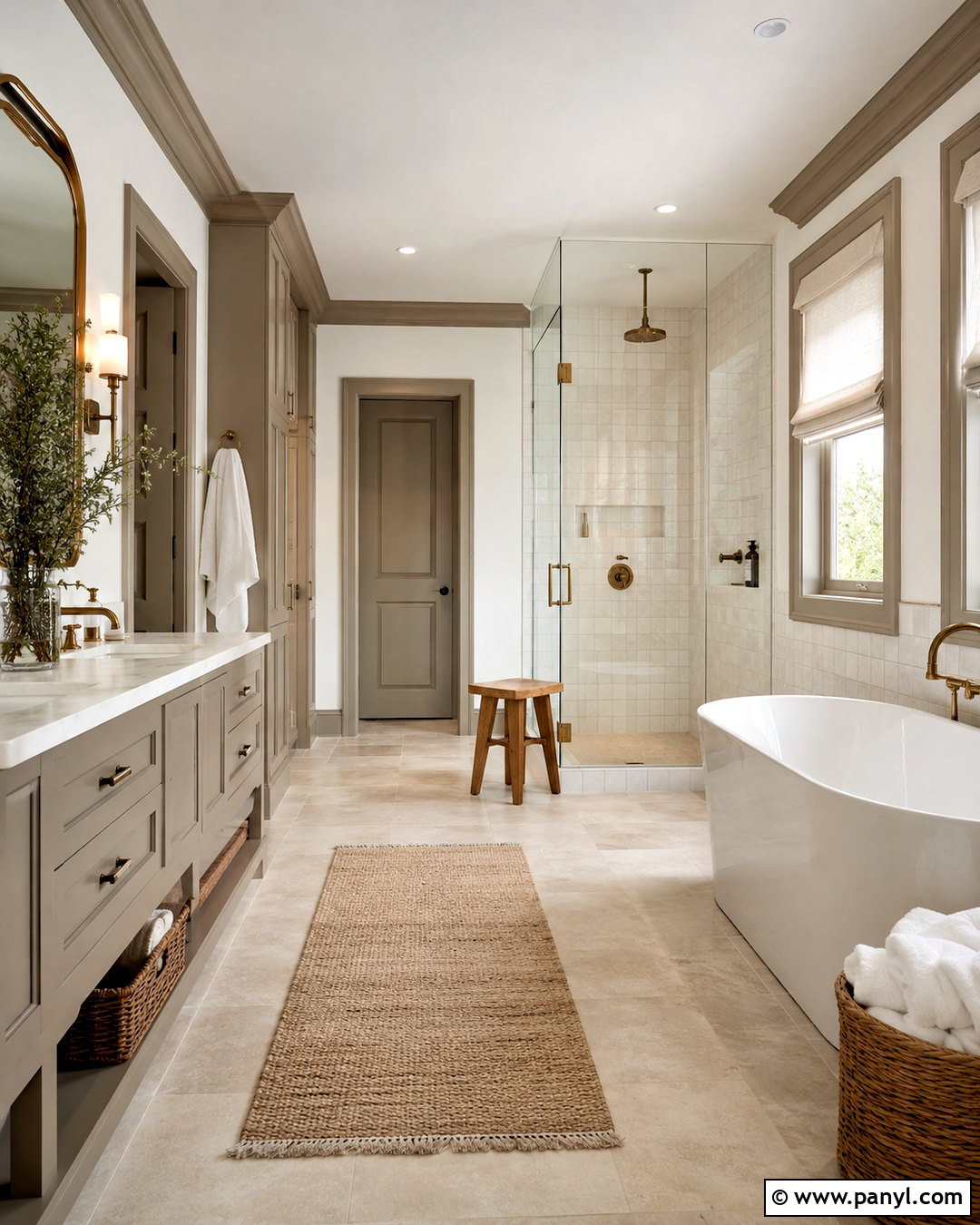 Primary Bathroom With Taupe Trim - 35 Taupe Trim White Walls
