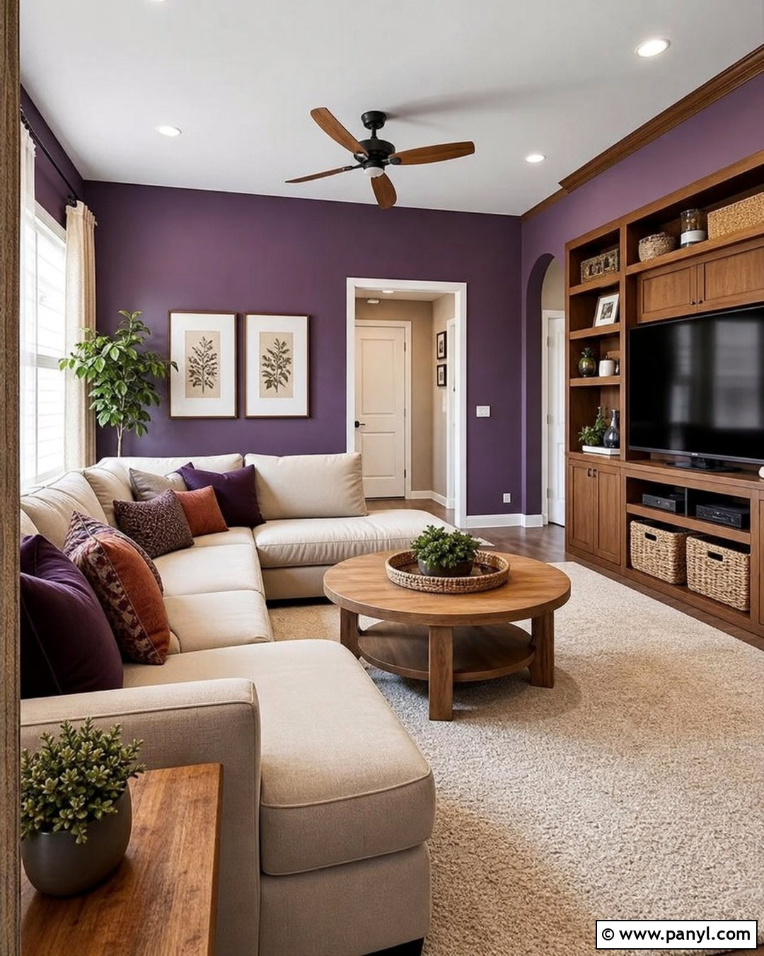 Purple And Beige Family Room Wall - 45 Purple Wall Ideas