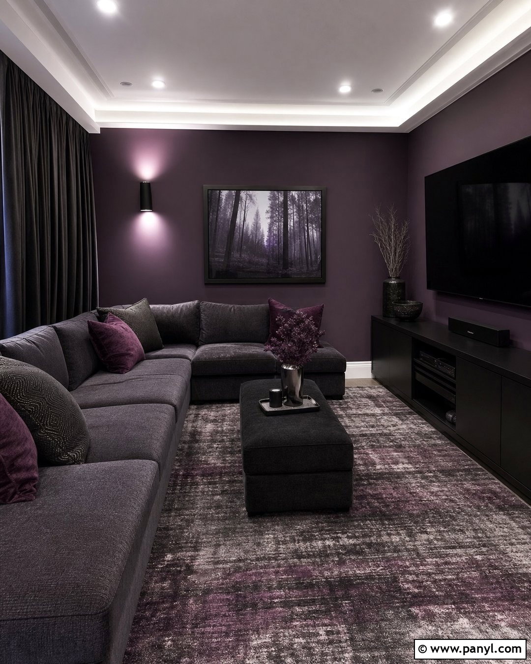 Purple And Black Media Room Wall - 45 Purple Wall Ideas