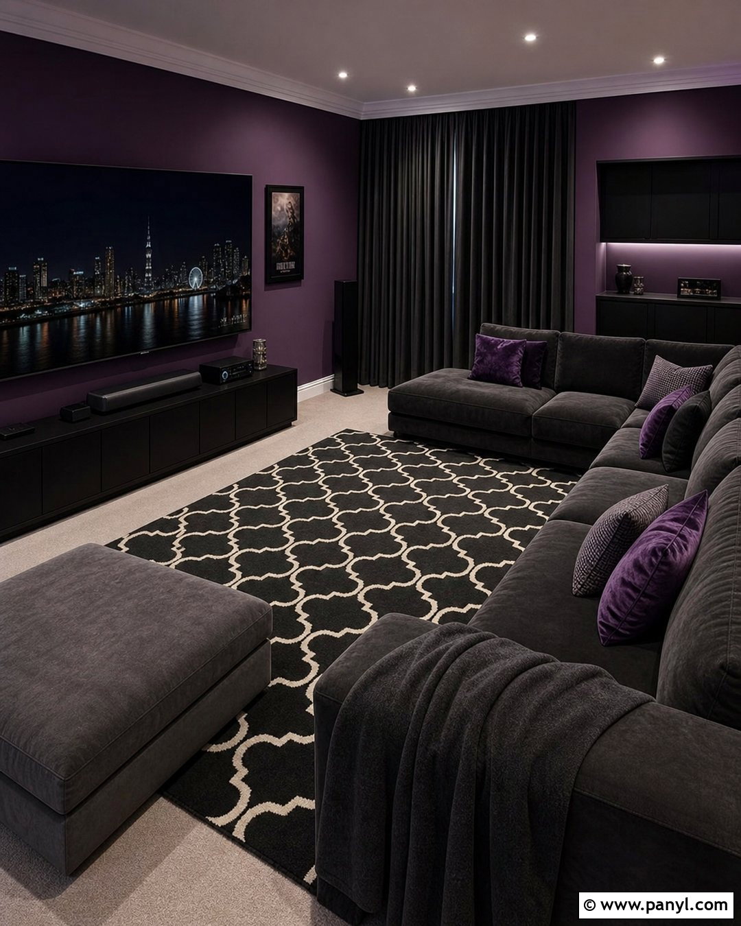 Purple And Black Wall Media Room - 35 Purple Wall Room Ideas
