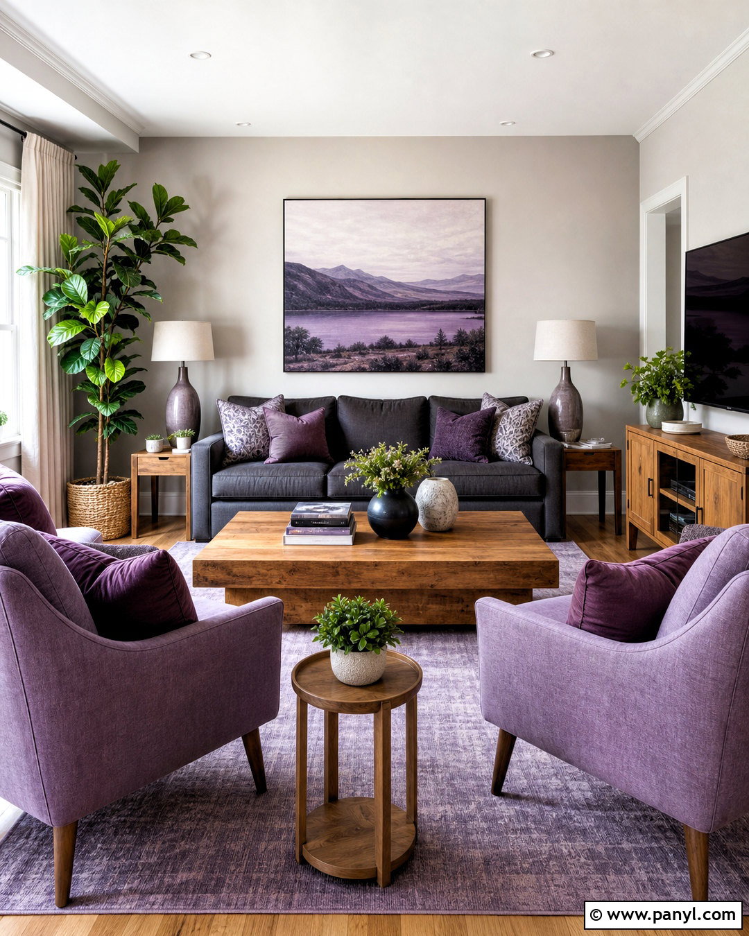 Purple And Grey Living Room With Wood Furniture - 20 purple and grey living room ideas