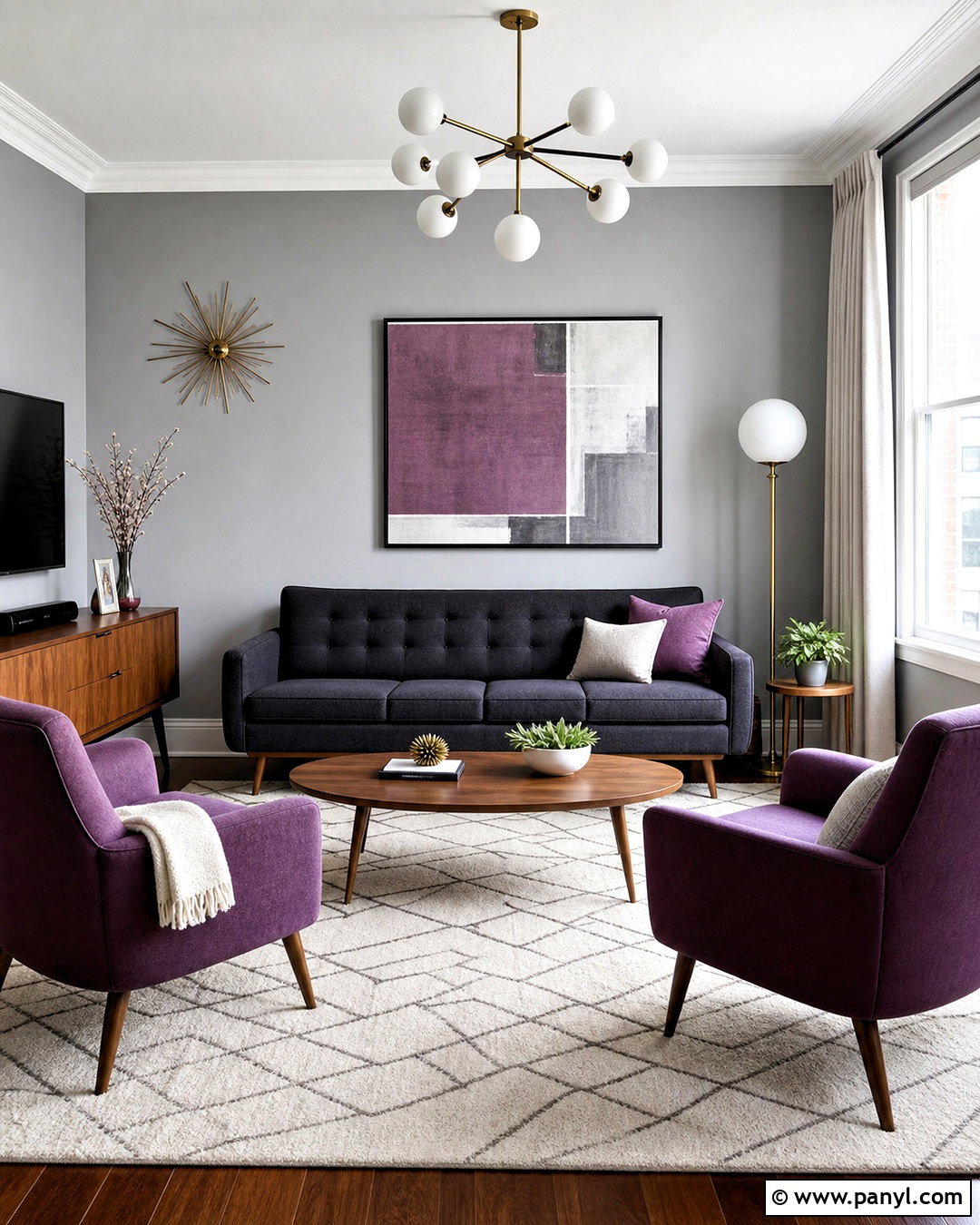 Purple And Grey Mid Century Living Room - 20 purple and grey living room ideas