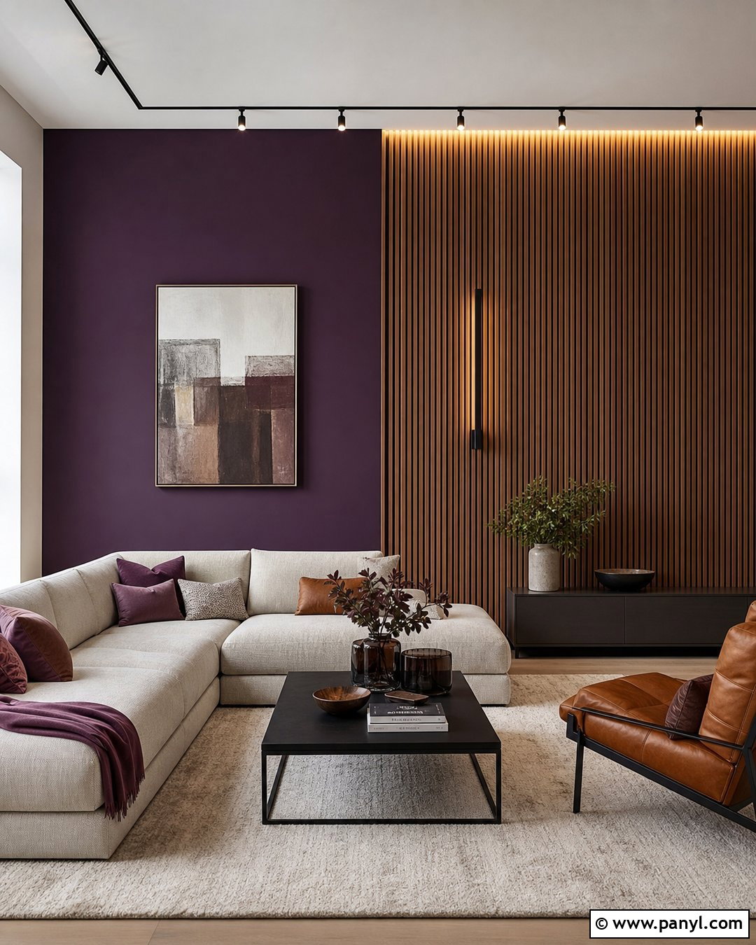Purple And Wood Slat Accent Wall Living Room - 30 Purple Accent Wall Living Room Ideas